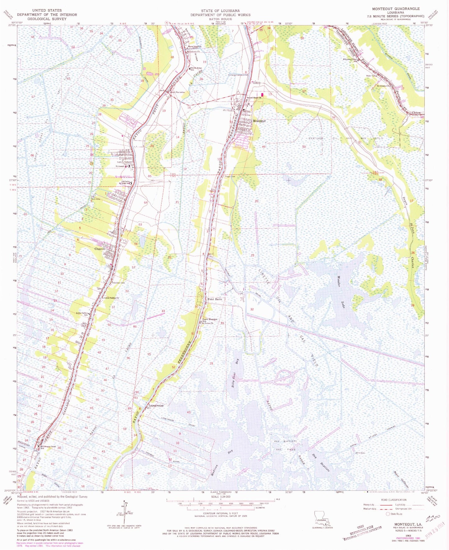 Classic USGS Montegut Louisiana 7.5'x7.5' Topo Map Image