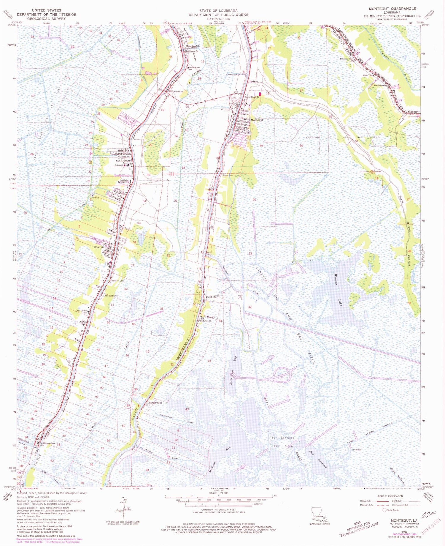 Classic USGS Montegut Louisiana 7.5'x7.5' Topo Map Image