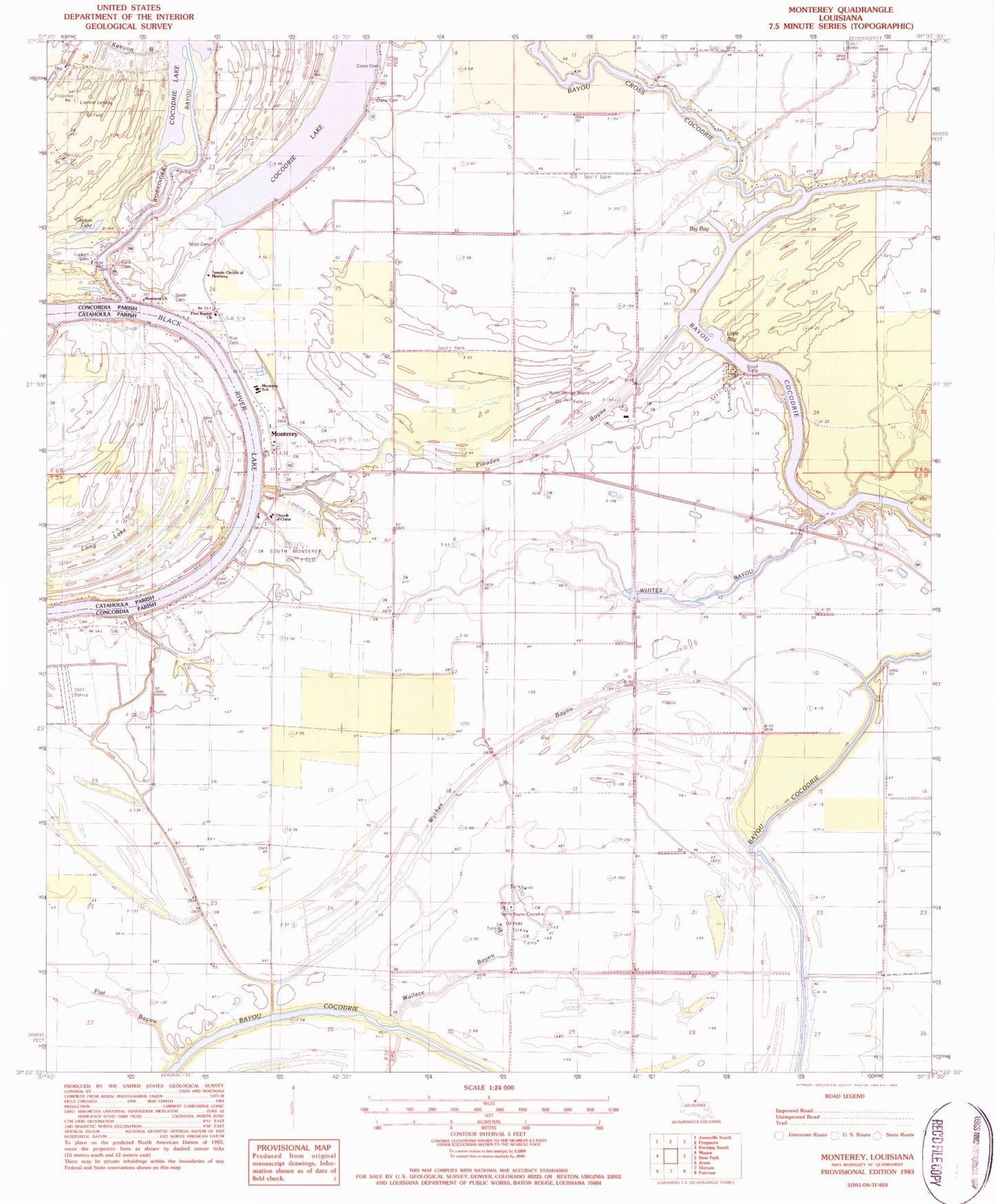 Classic USGS Monterey Louisiana 7.5'x7.5' Topo Map Image