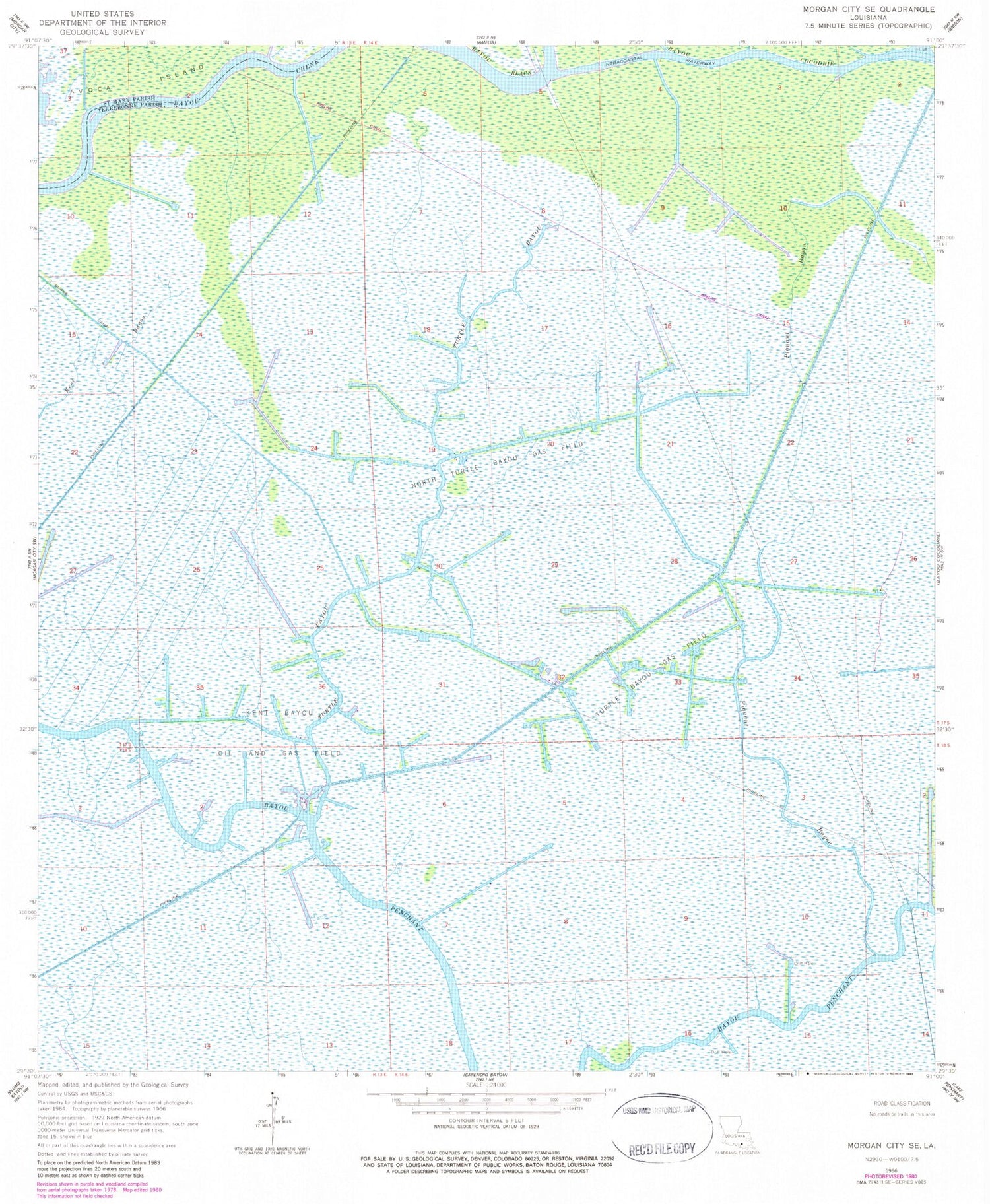 Classic USGS Morgan City SE Louisiana 7.5'x7.5' Topo Map Image