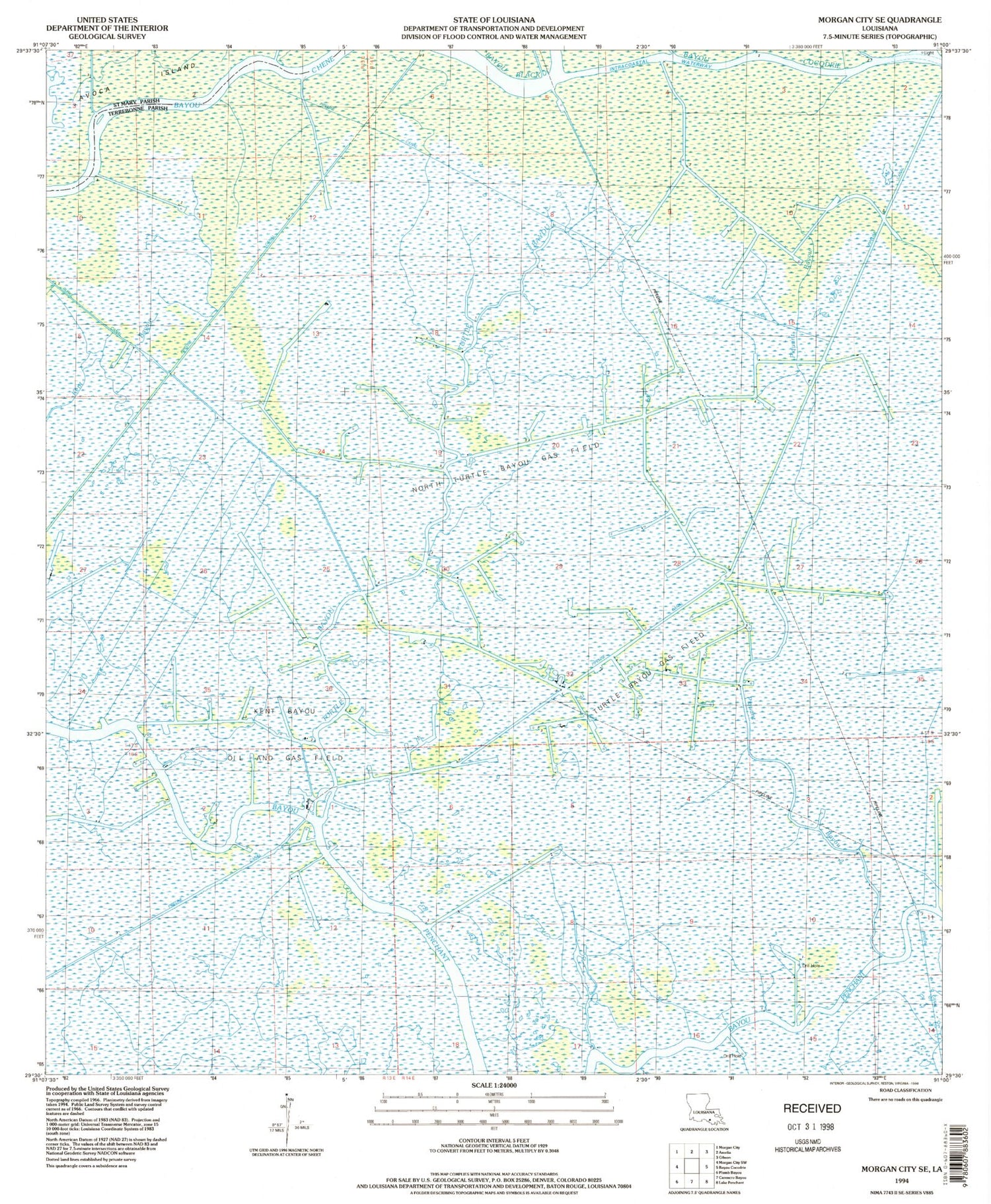 Classic USGS Morgan City SE Louisiana 7.5'x7.5' Topo Map Image