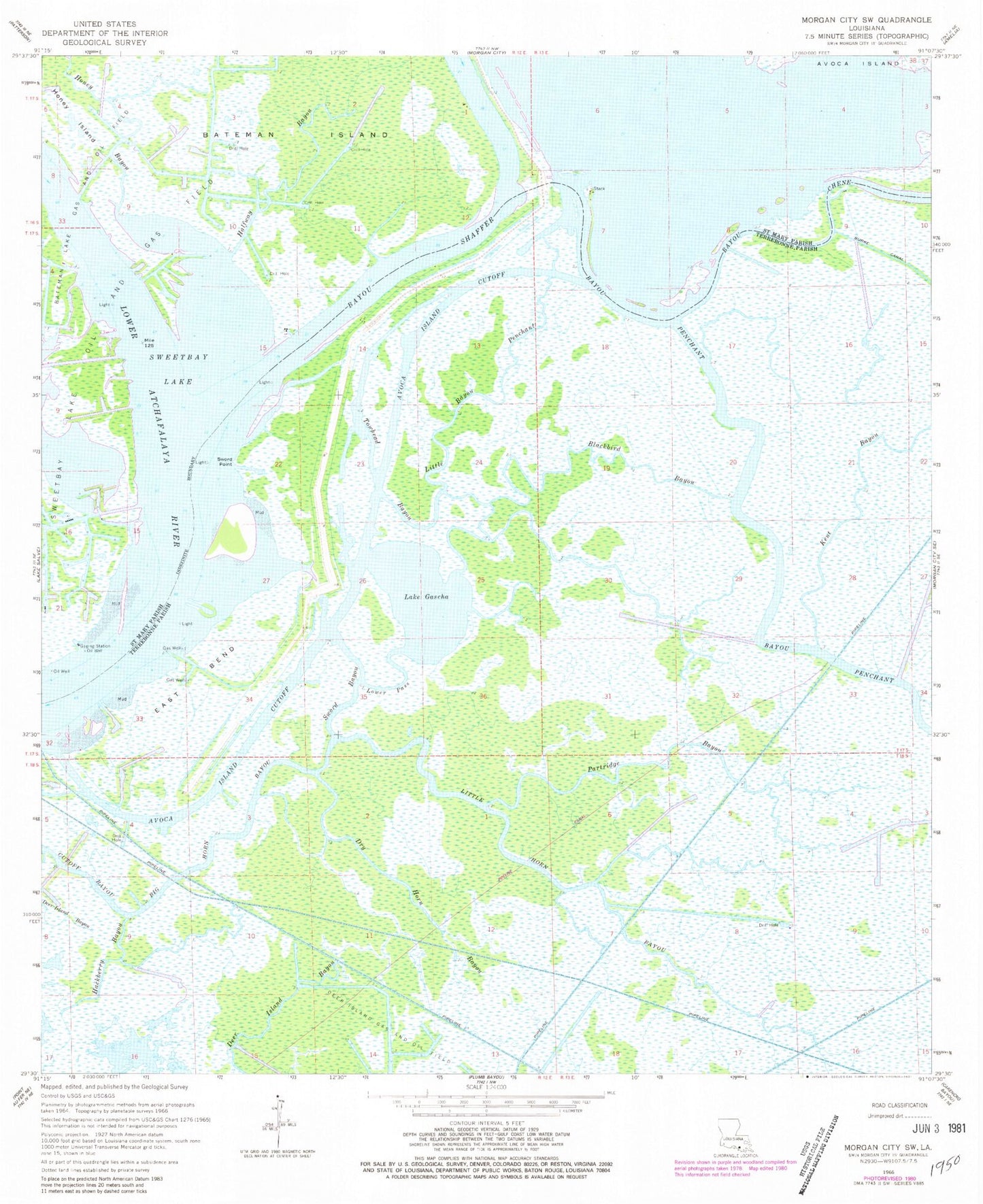 Classic USGS Morgan City SW Louisiana 7.5'x7.5' Topo Map Image
