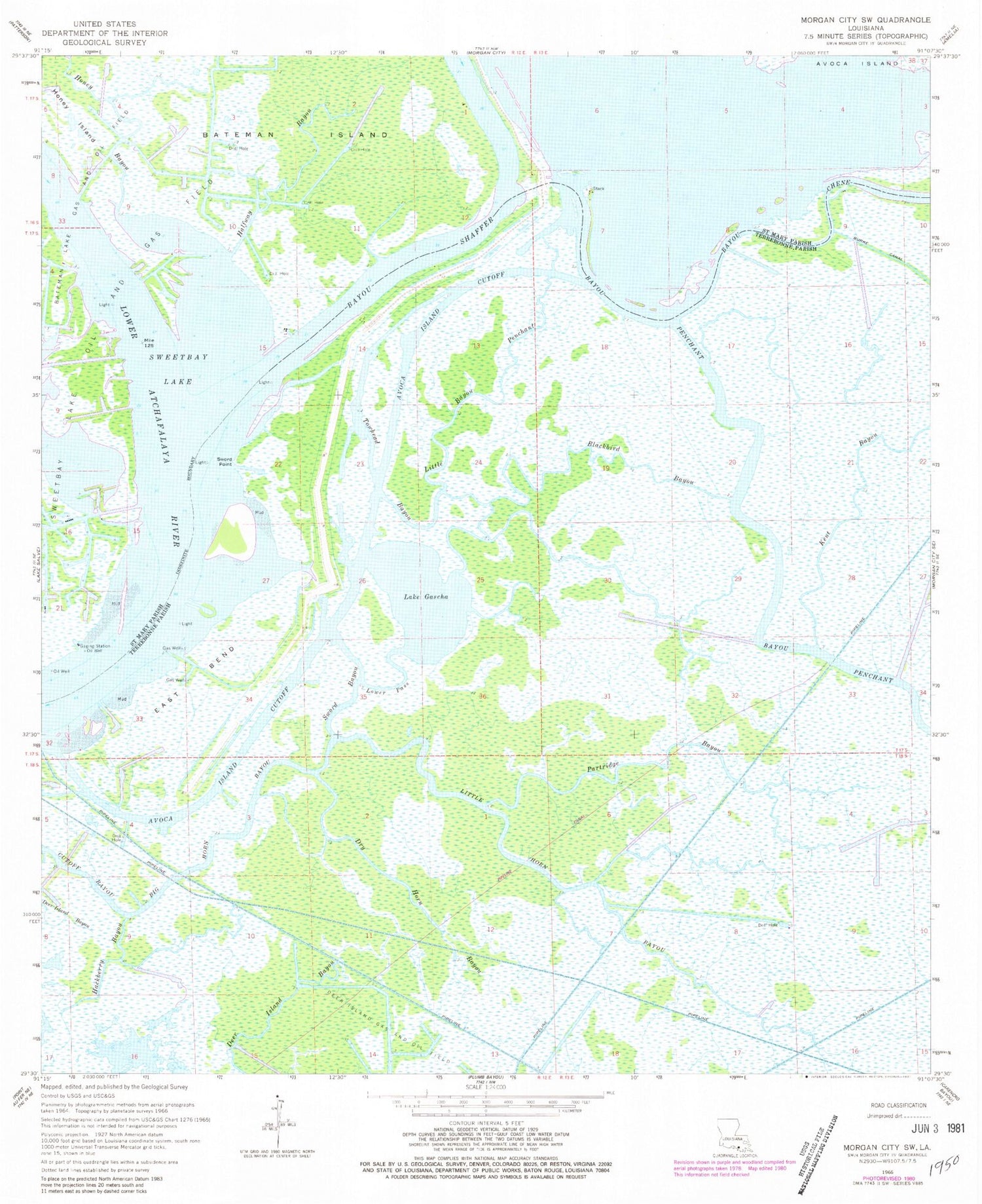 Classic USGS Morgan City SW Louisiana 7.5'x7.5' Topo Map Image