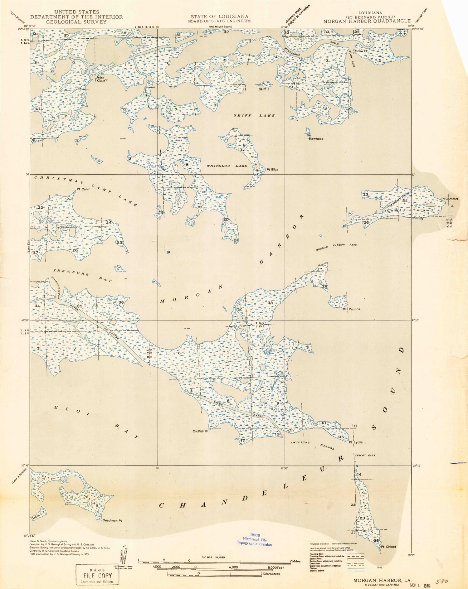 Classic USGS Morgan Harbor Louisiana 7.5'x7.5' Topo Map Image