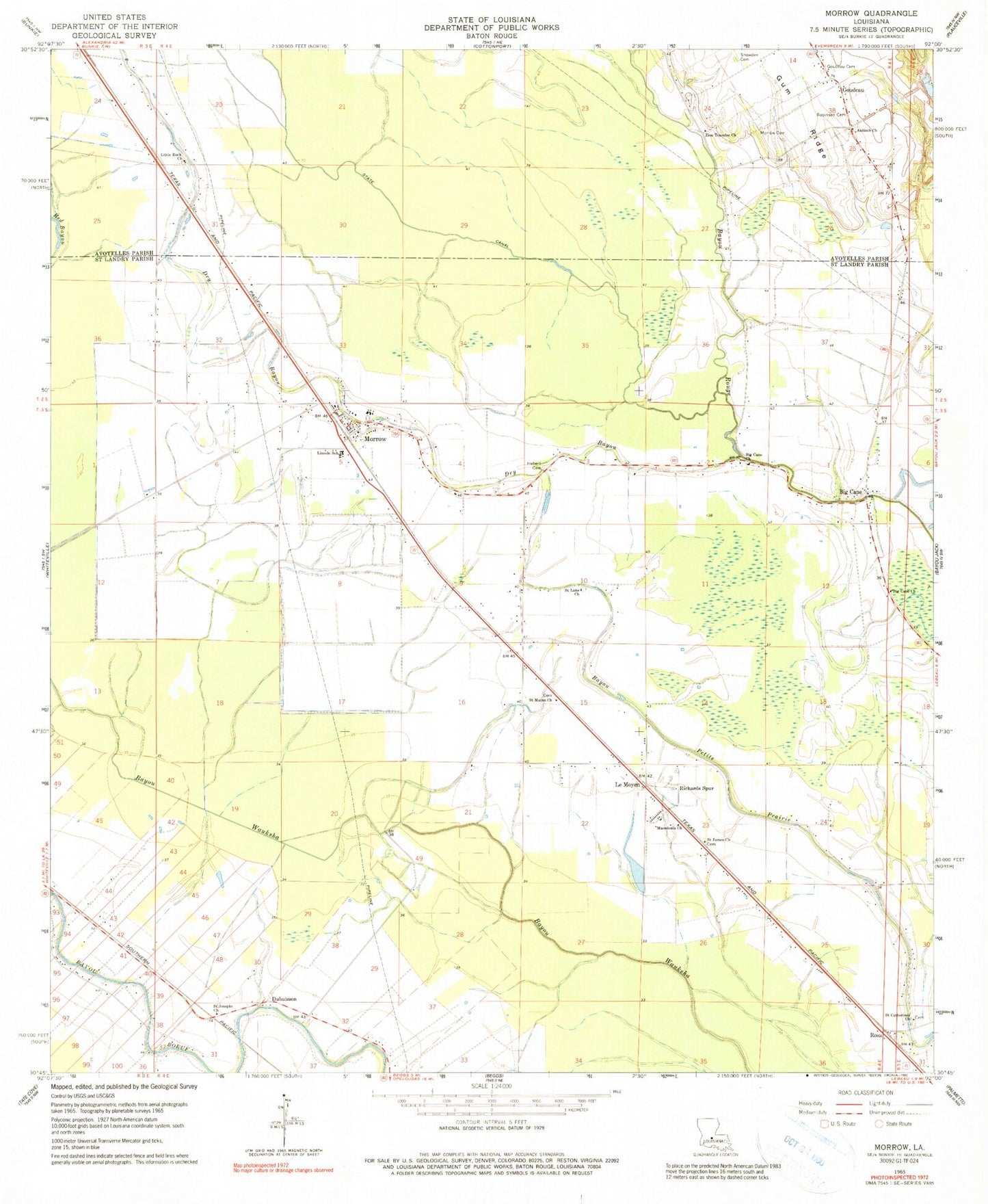 Classic USGS Morrow Louisiana 7.5'x7.5' Topo Map Image