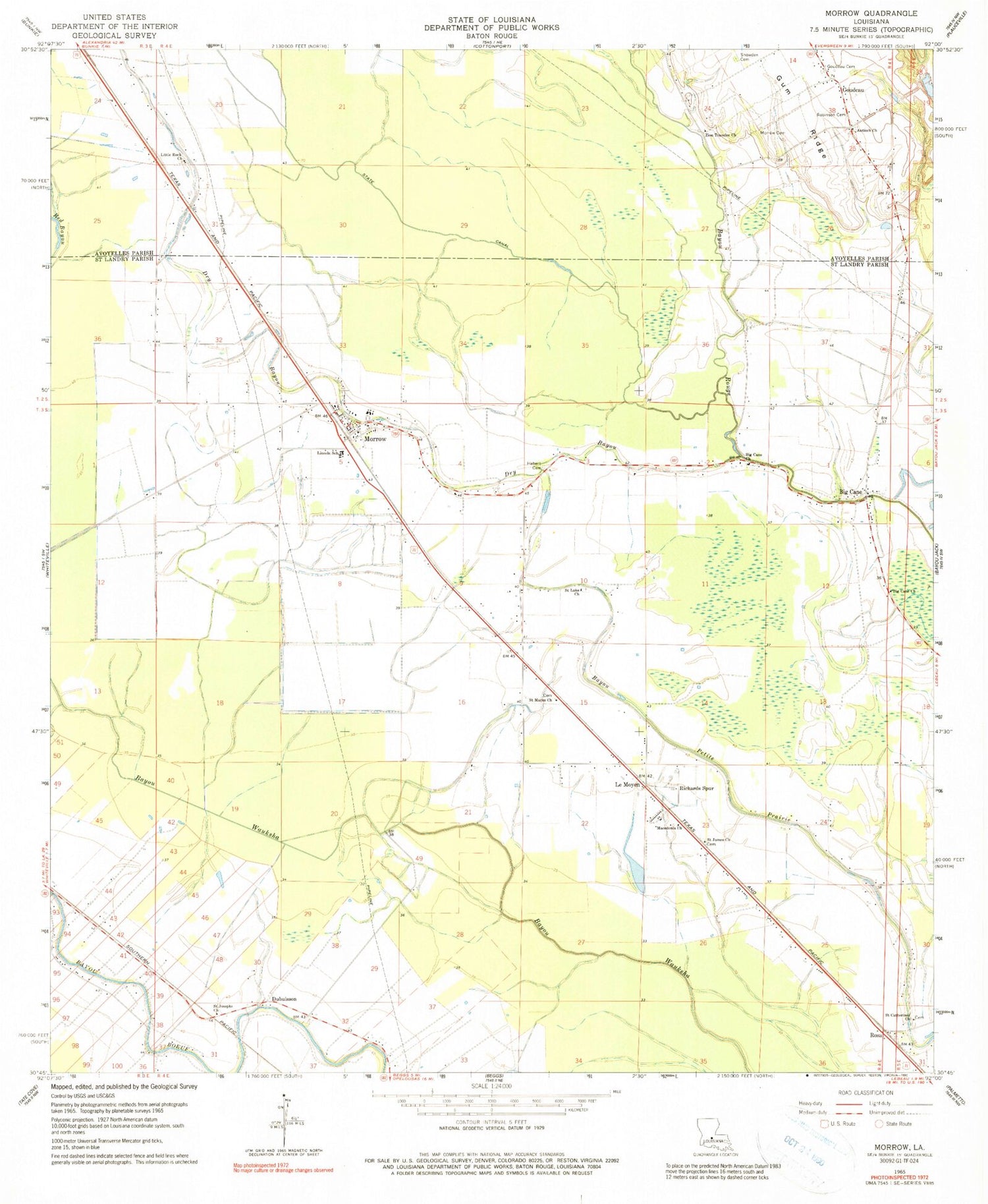 Classic USGS Morrow Louisiana 7.5'x7.5' Topo Map Image