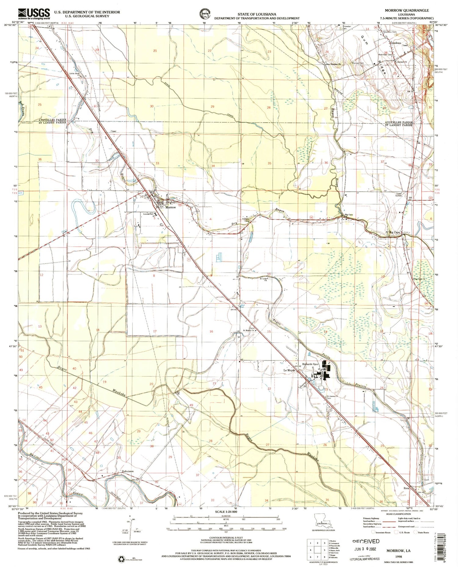 Classic USGS Morrow Louisiana 7.5'x7.5' Topo Map Image