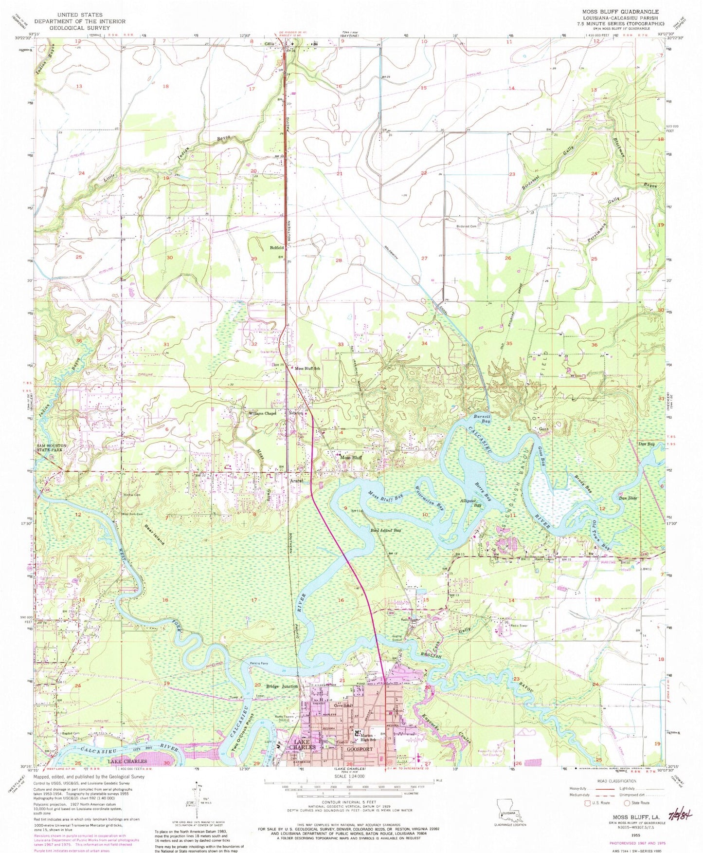 Classic USGS Moss Bluff Louisiana 7.5'x7.5' Topo Map Image