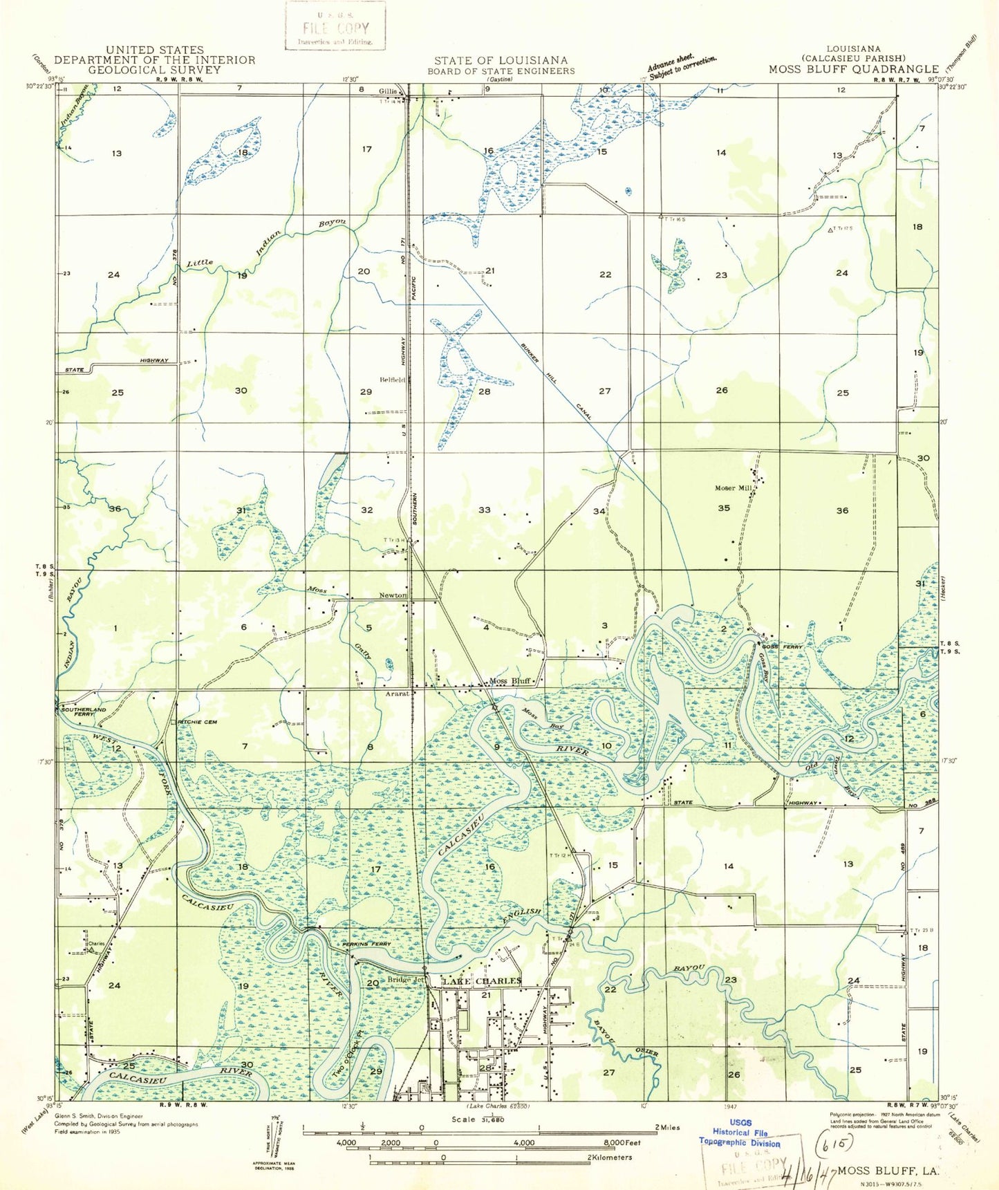 Classic USGS Moss Bluff Louisiana 7.5'x7.5' Topo Map Image