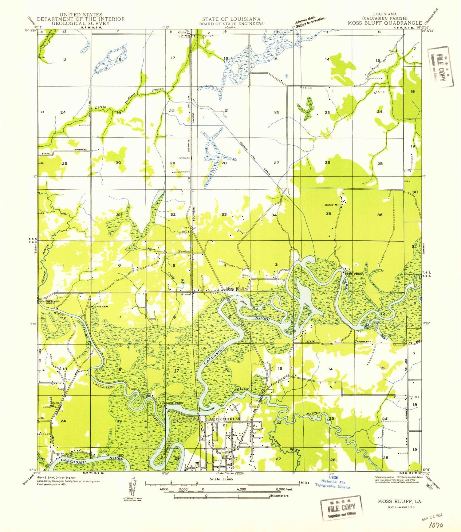Classic USGS Moss Bluff Louisiana 7.5'x7.5' Topo Map Image