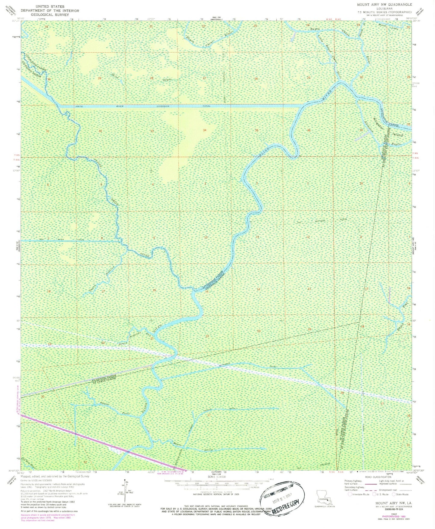 Classic USGS Mount Airy NW Louisiana 7.5'x7.5' Topo Map Image