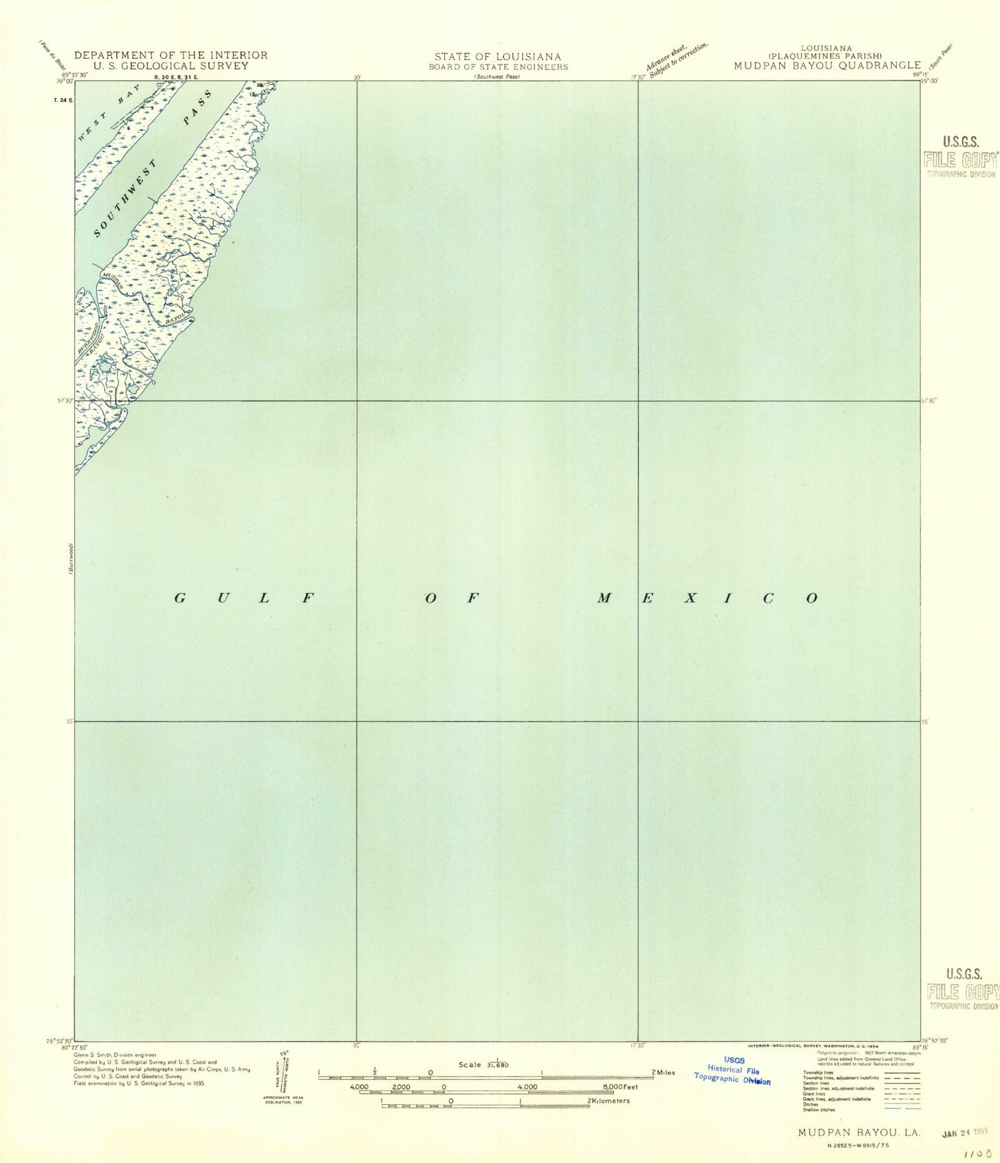 Classic USGS Burrwood Bayou East Louisiana 7.5'x7.5' Topo Map Image