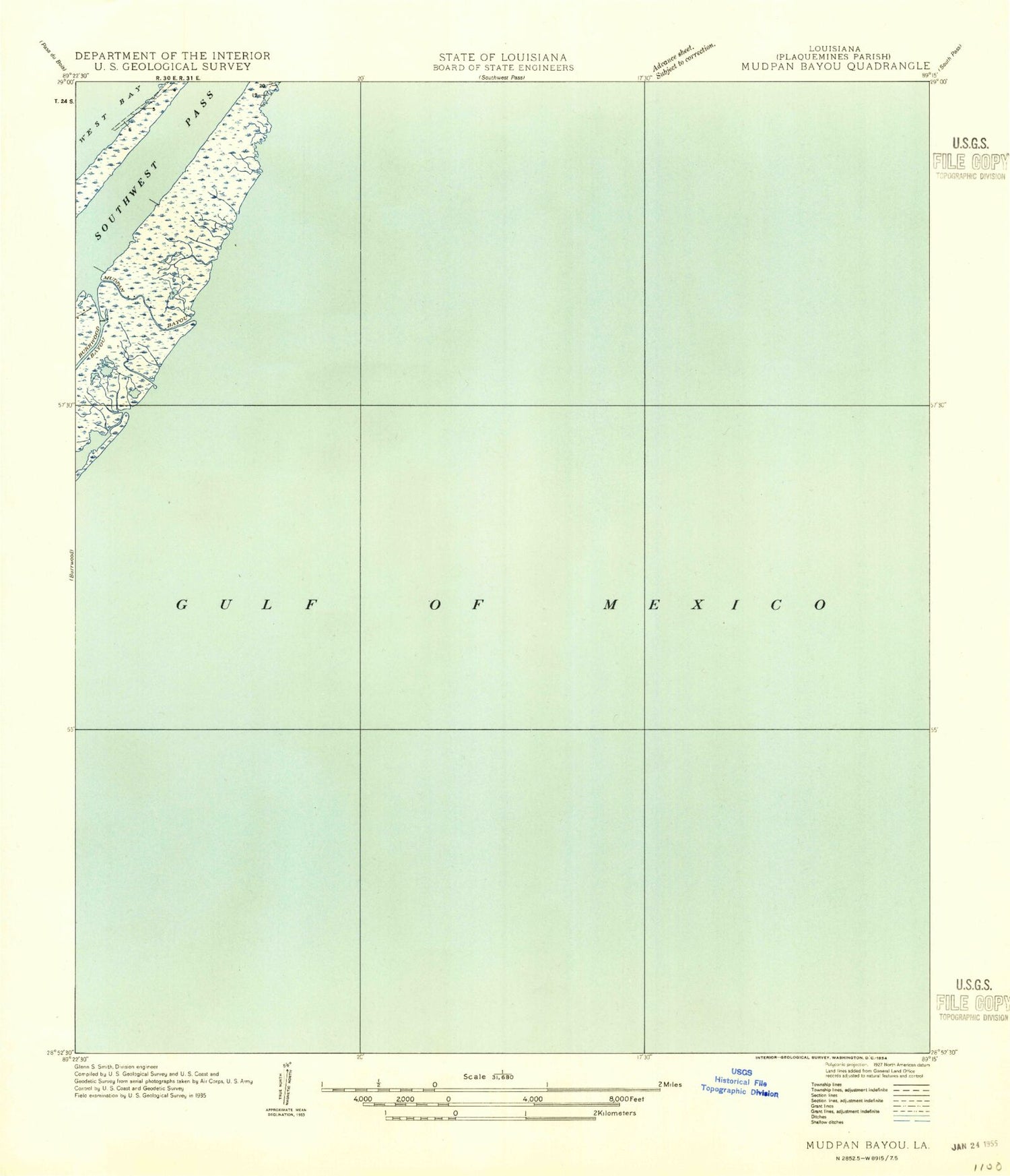 Classic USGS Burrwood Bayou East Louisiana 7.5'x7.5' Topo Map Image