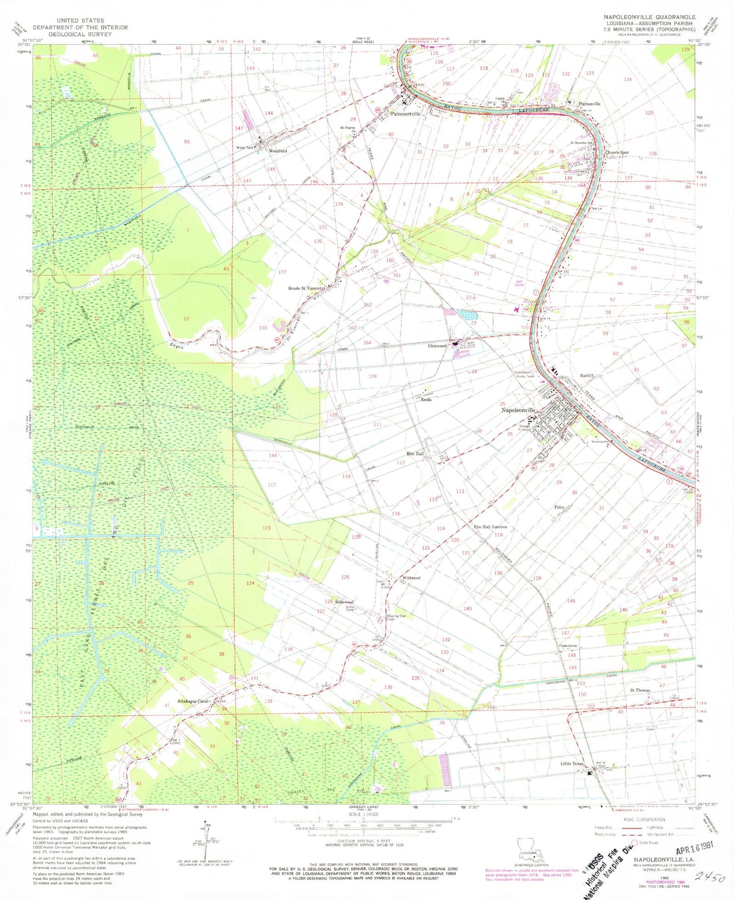 Classic USGS Napoleonville Louisiana 7.5'x7.5' Topo Map Image