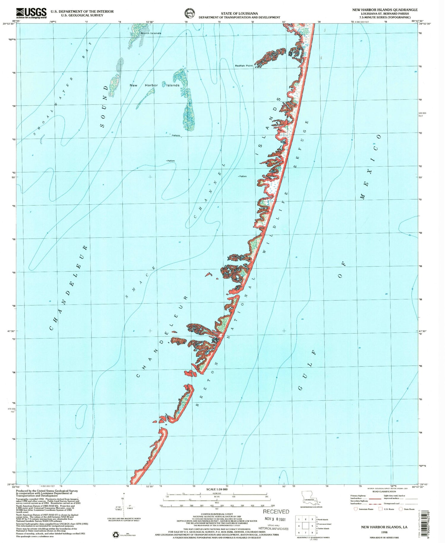 Classic USGS New Harbor Islands Louisiana 7.5'x7.5' Topo Map Image