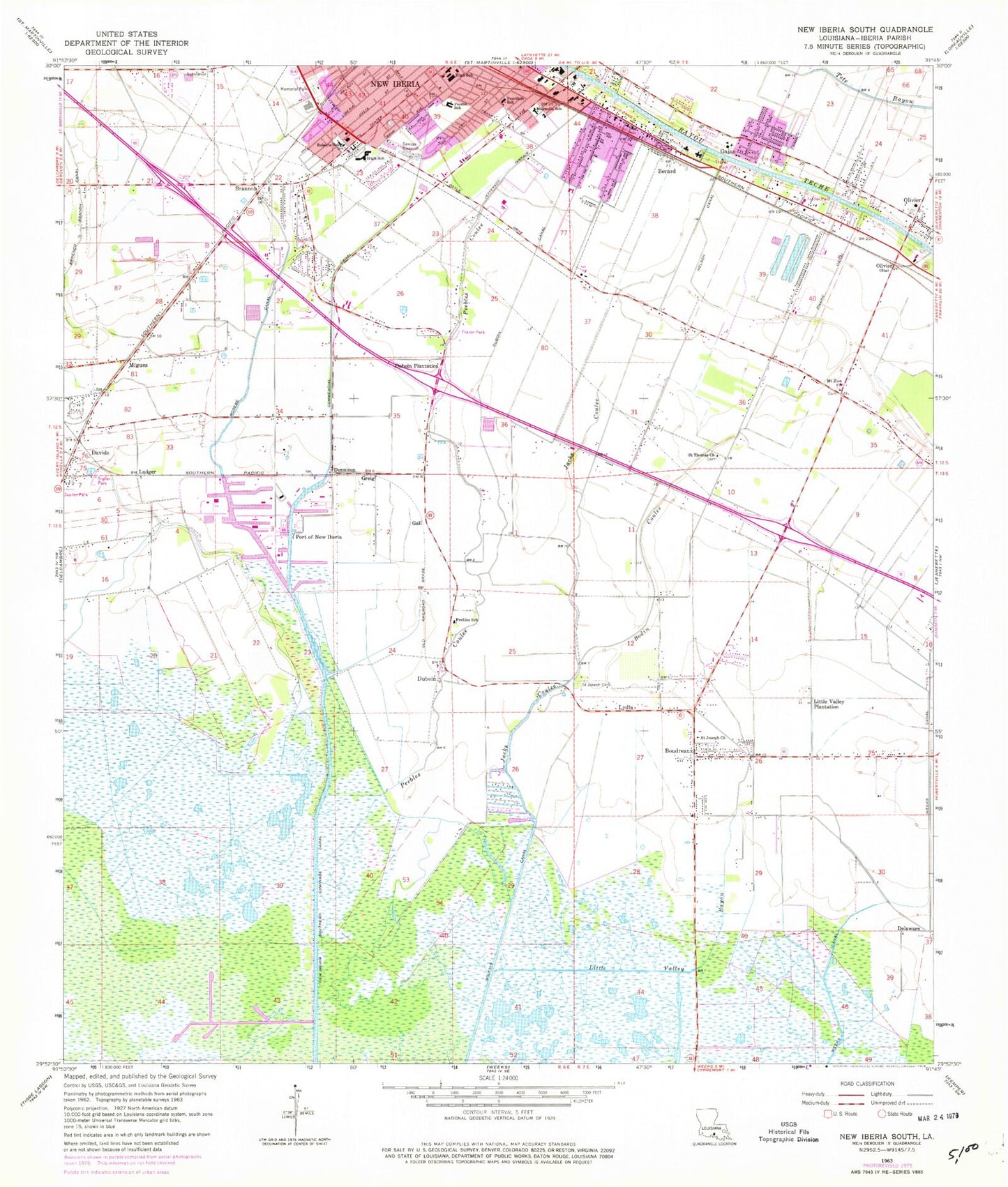 Classic USGS New Iberia South Louisiana 7.5'x7.5' Topo Map Image