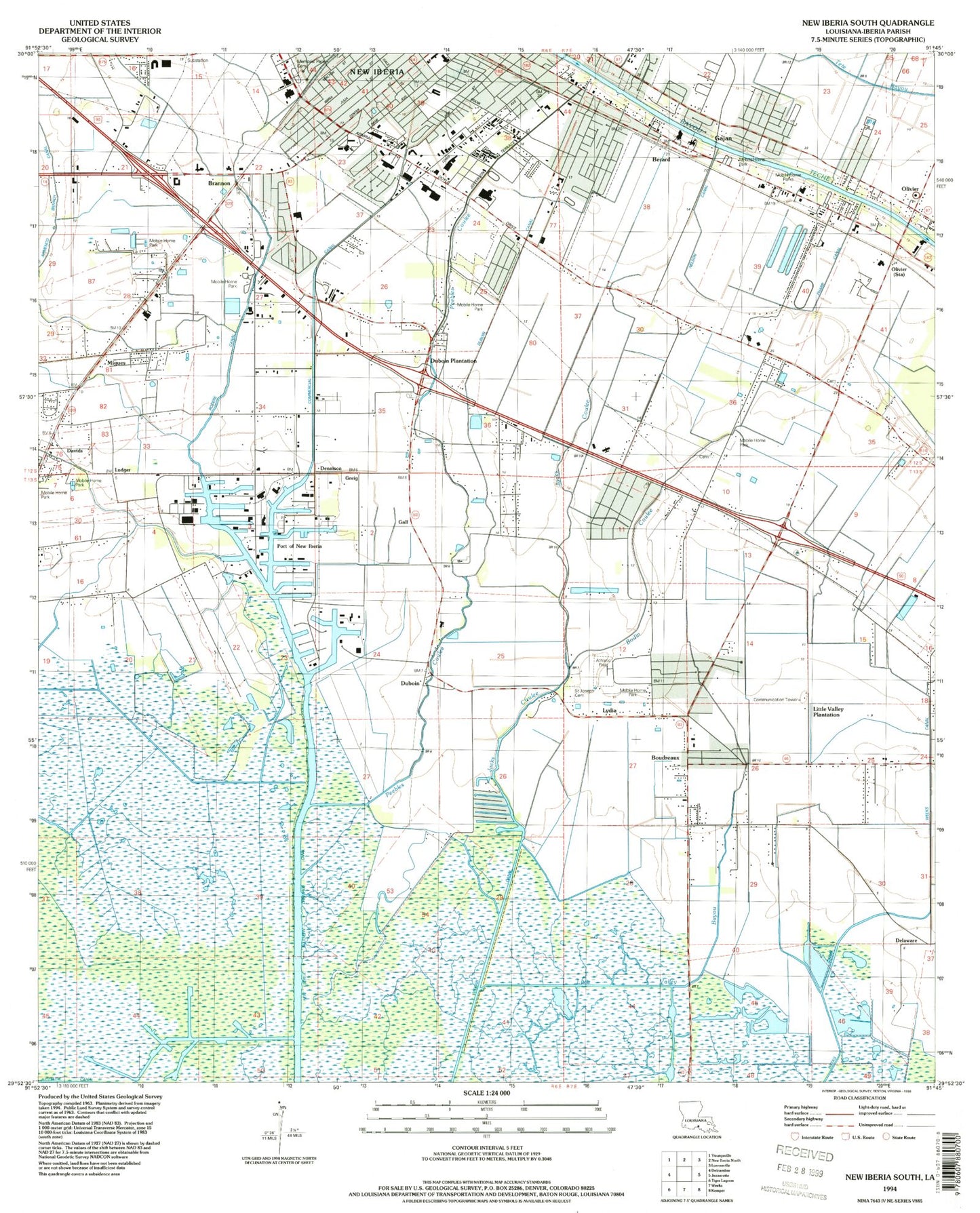 Classic USGS New Iberia South Louisiana 7.5'x7.5' Topo Map Image
