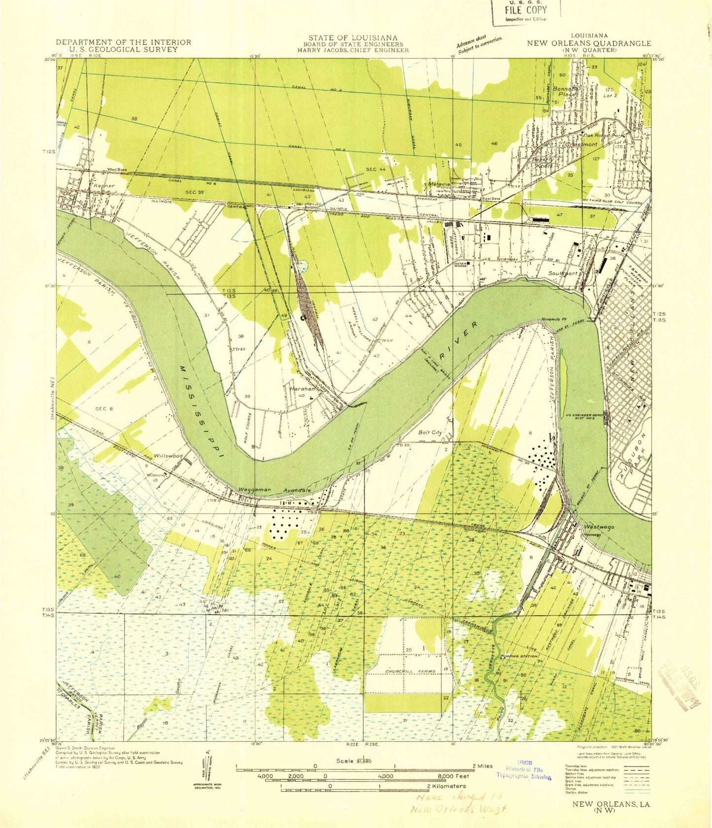 Classic USGS New Orleans West Louisiana 7.5'x7.5' Topo Map Image