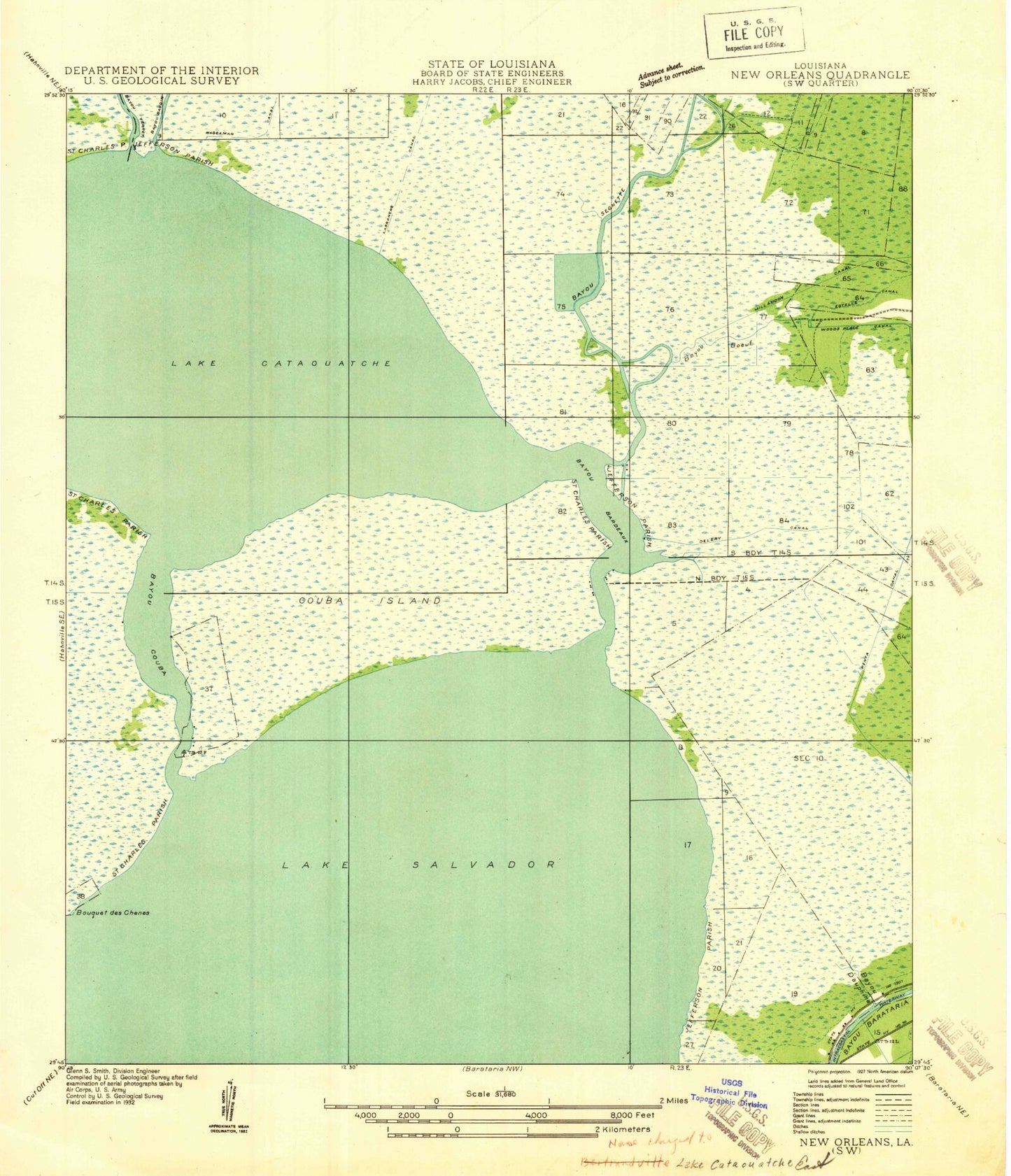 Classic USGS Lake Cataouatche East Louisiana 7.5'x7.5' Topo Map Image