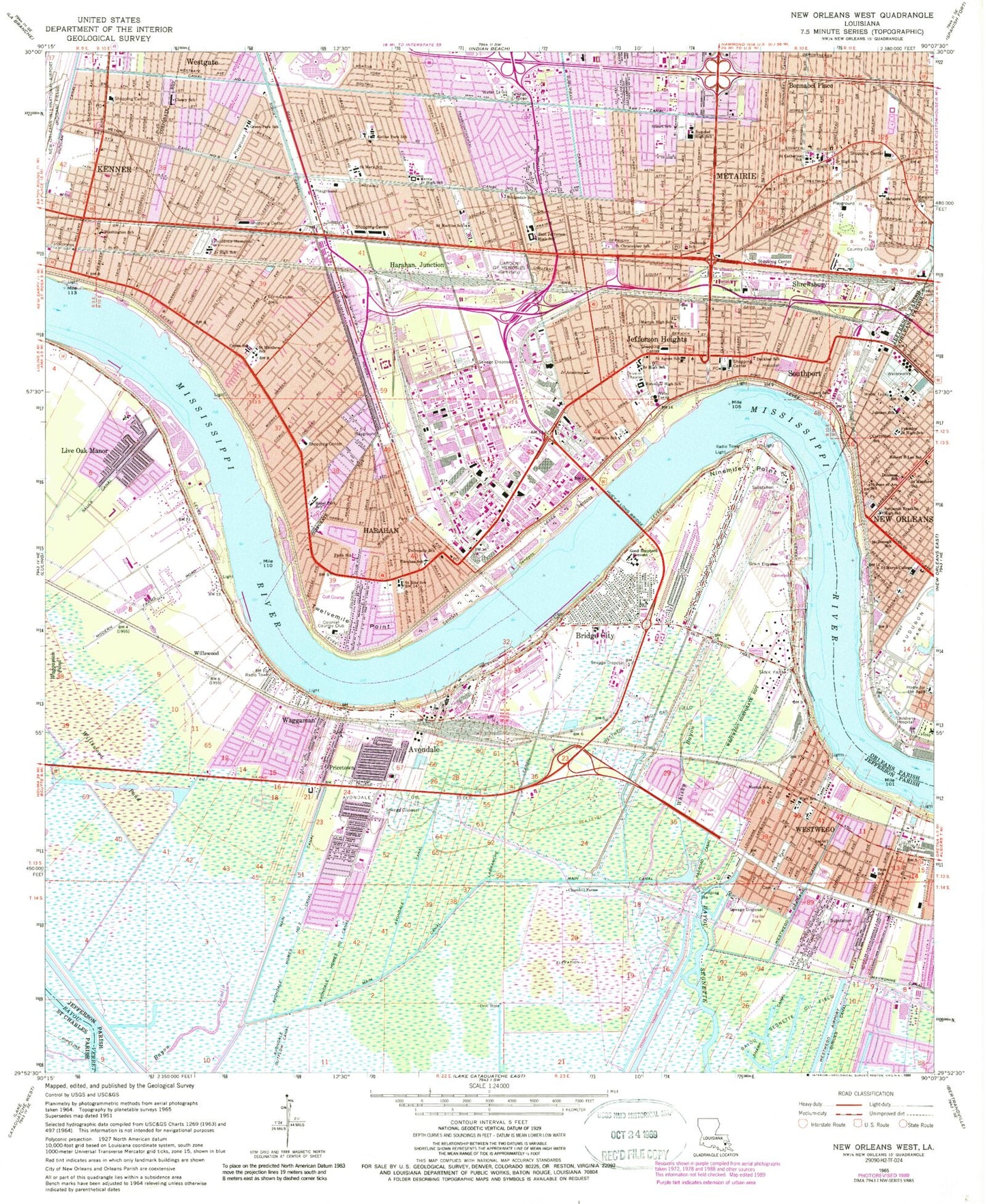 Classic USGS New Orleans West Louisiana 7.5'x7.5' Topo Map Image