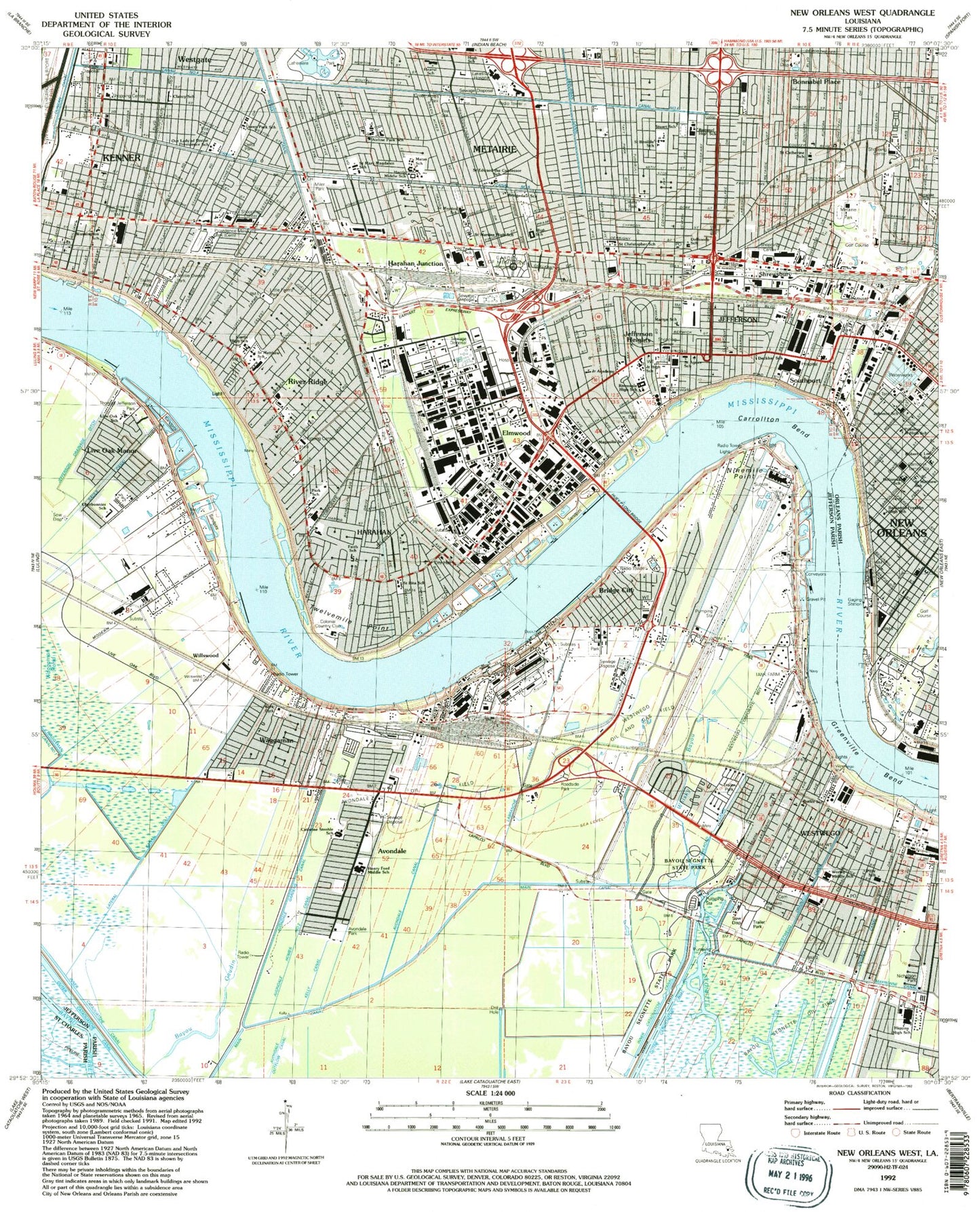 Classic USGS New Orleans West Louisiana 7.5'x7.5' Topo Map Image