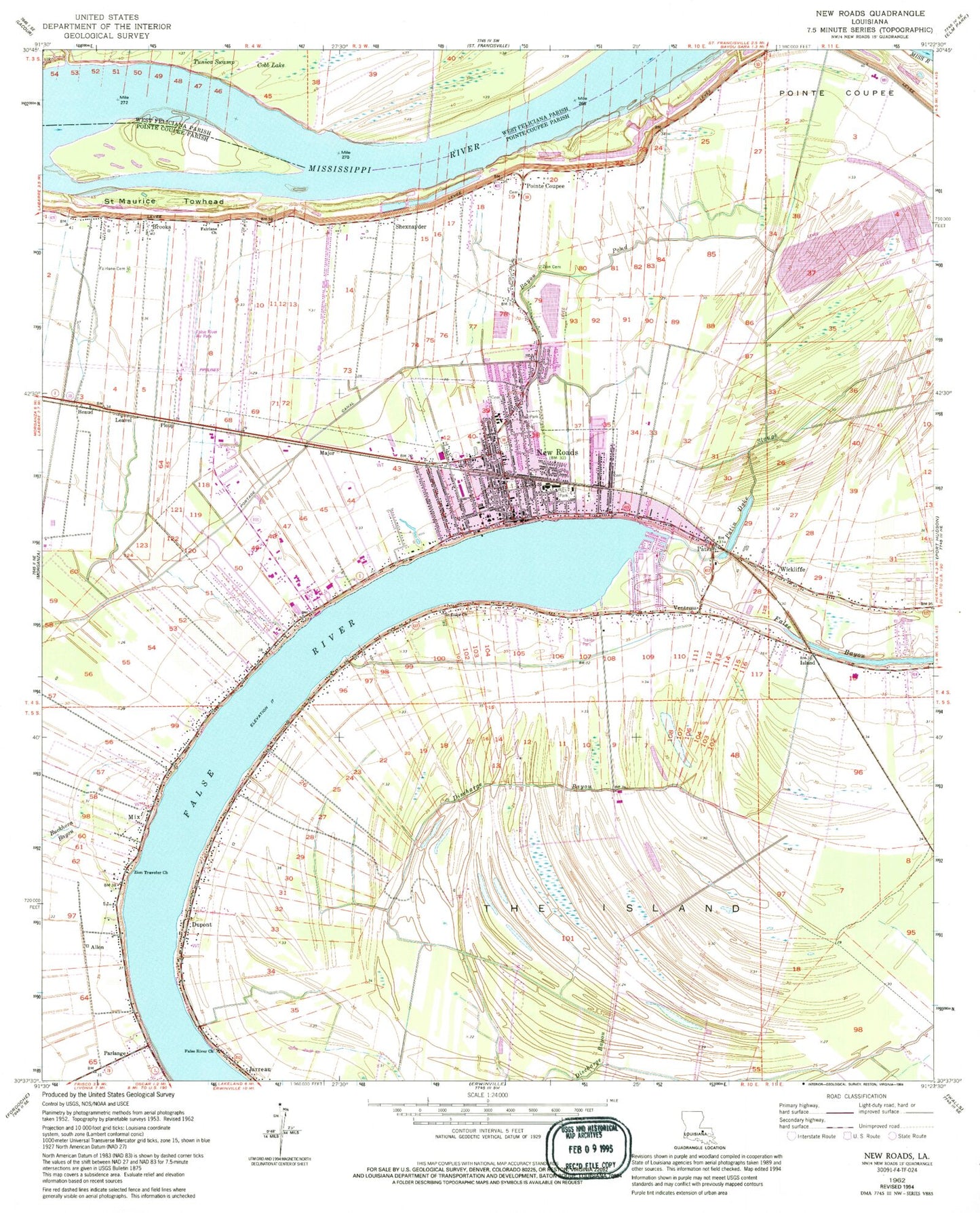 Classic USGS New Roads Louisiana 7.5'x7.5' Topo Map Image