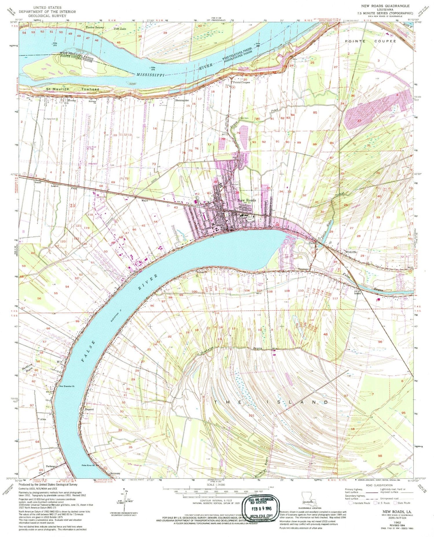 Classic USGS New Roads Louisiana 7.5'x7.5' Topo Map Image