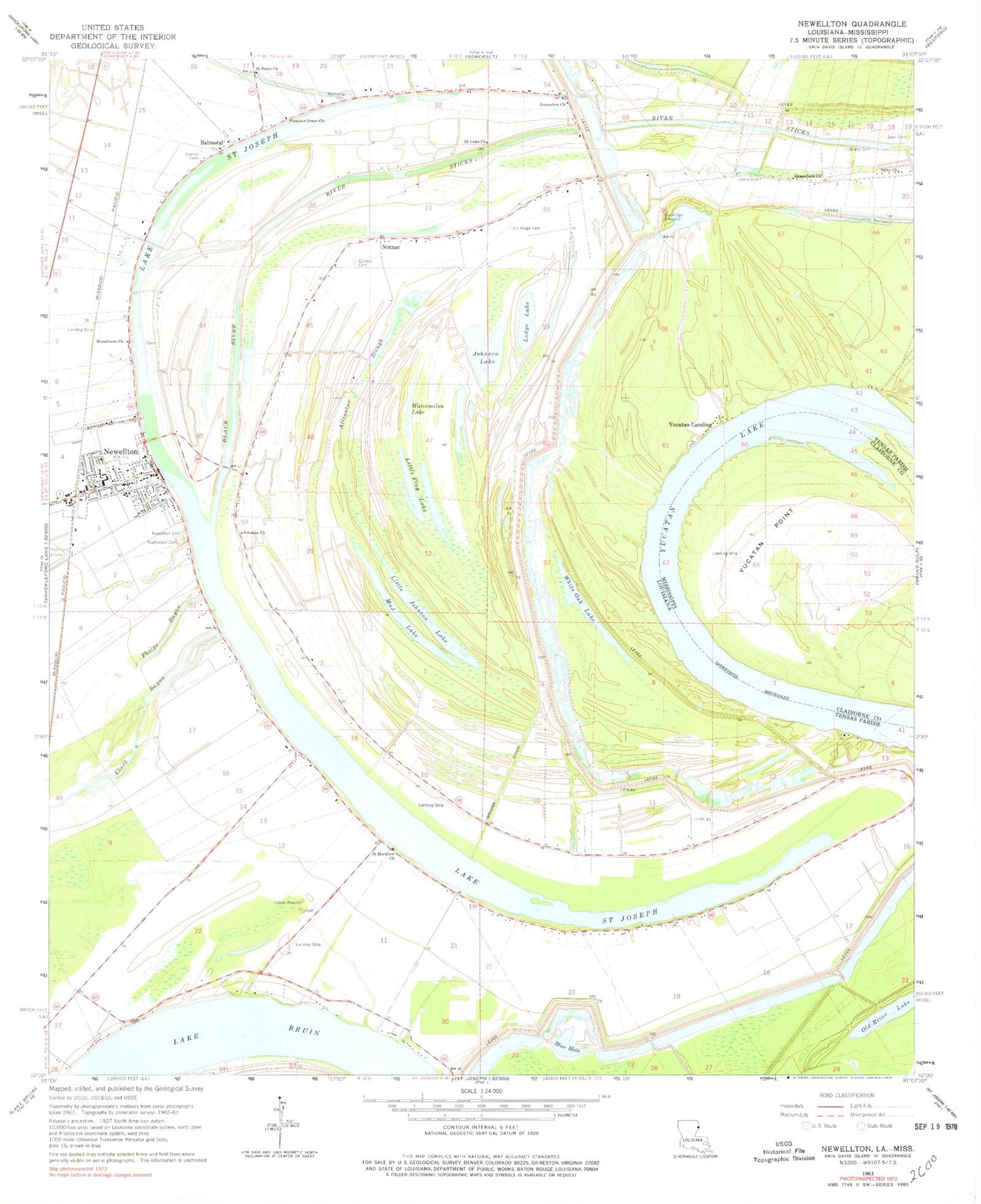 Classic USGS Newellton Louisiana 7.5'x7.5' Topo Map Image