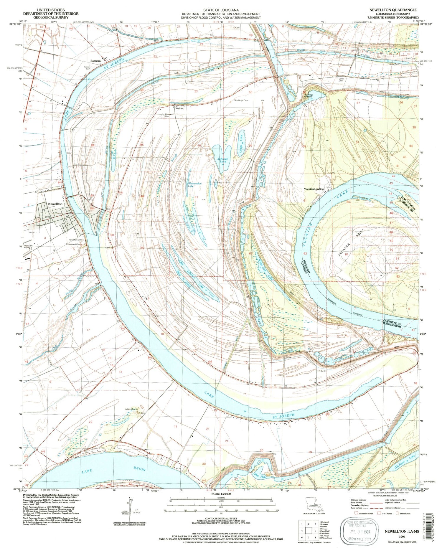 Classic USGS Newellton Louisiana 7.5'x7.5' Topo Map Image