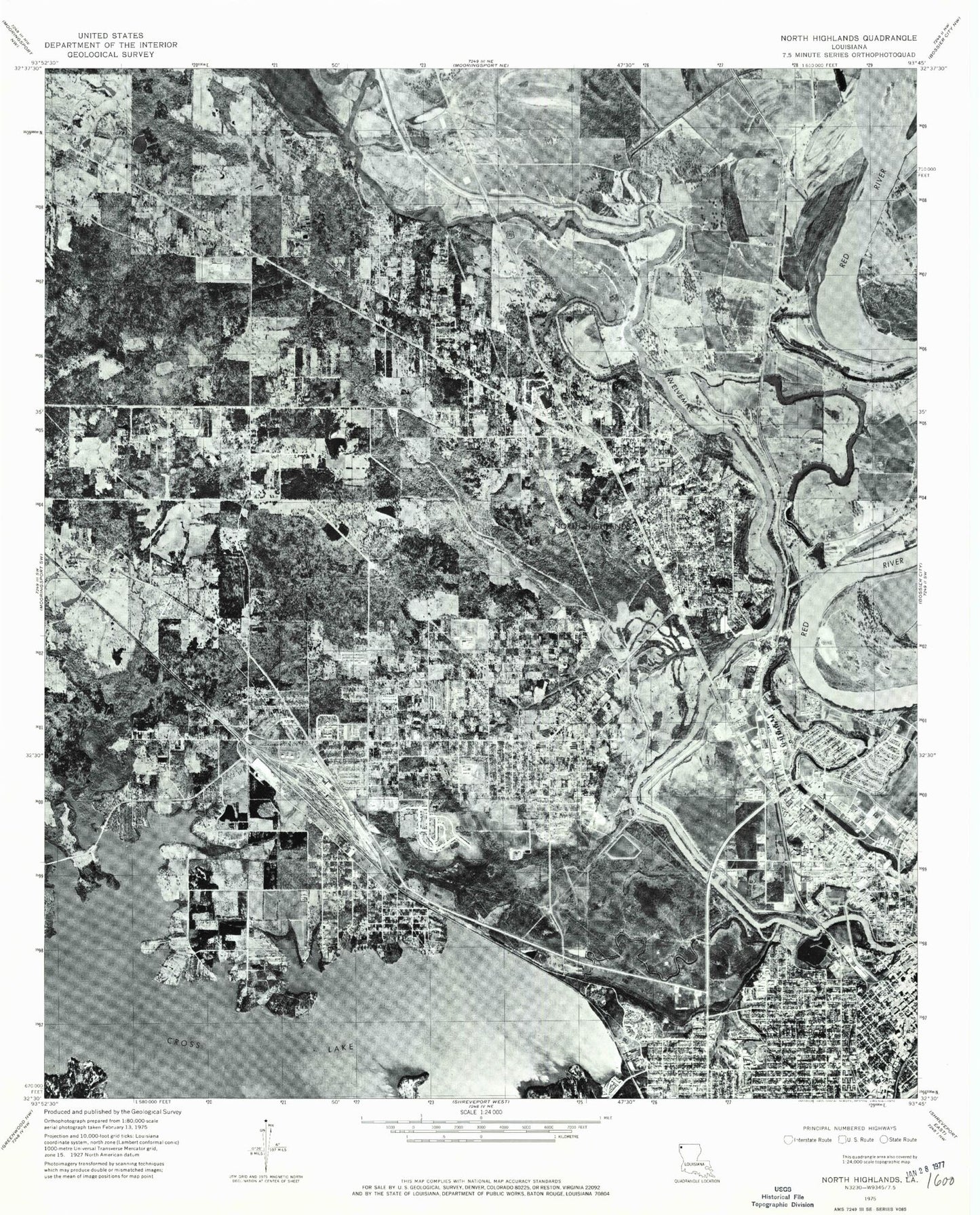 Classic USGS North Highlands Louisiana 7.5'x7.5' Topo Map Image