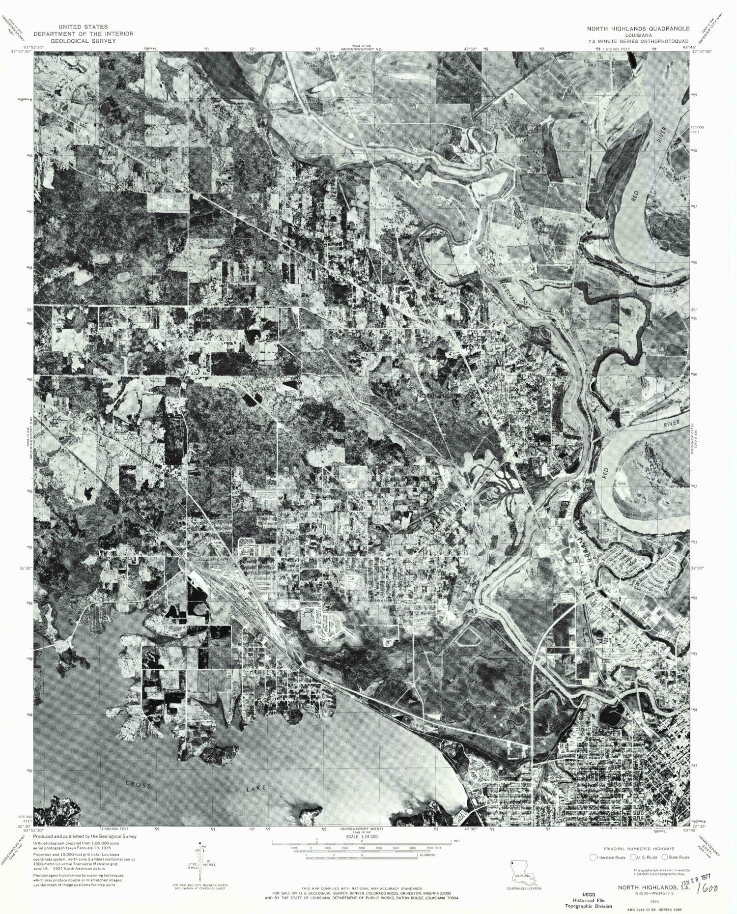 Classic USGS North Highlands Louisiana 7.5'x7.5' Topo Map Image