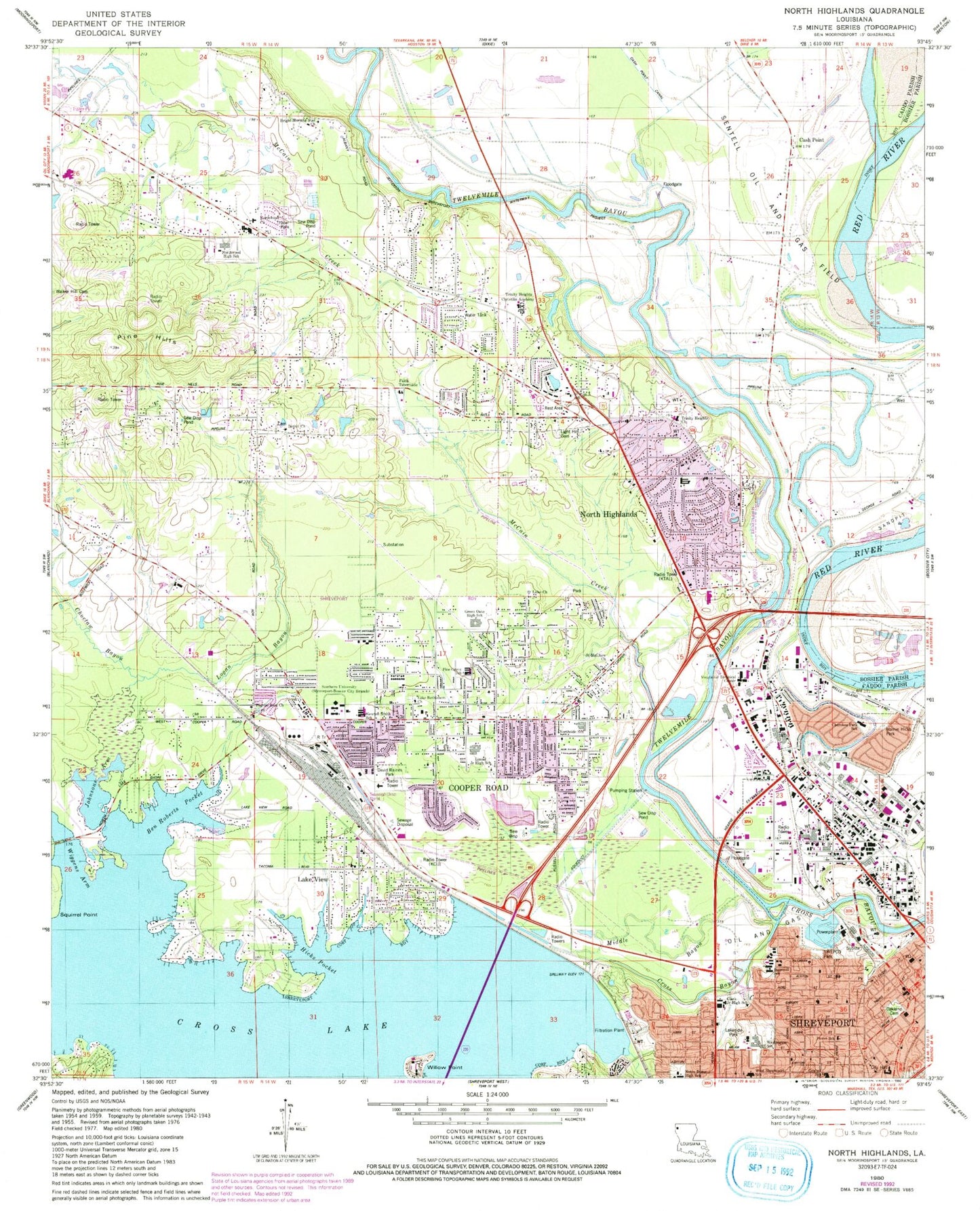 Classic USGS North Highlands Louisiana 7.5'x7.5' Topo Map Image