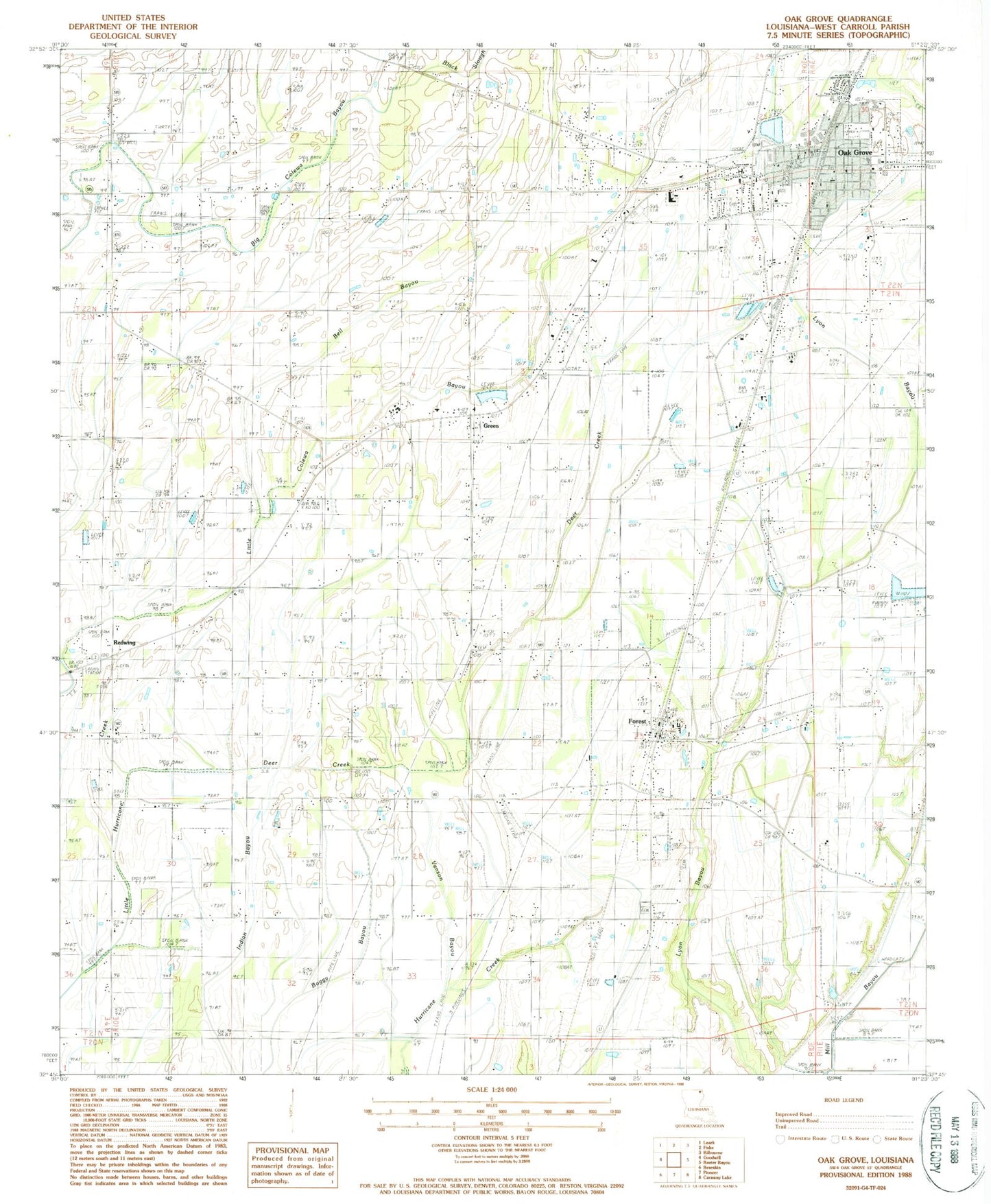 Classic USGS Oak Grove Louisiana 7.5'x7.5' Topo Map Image