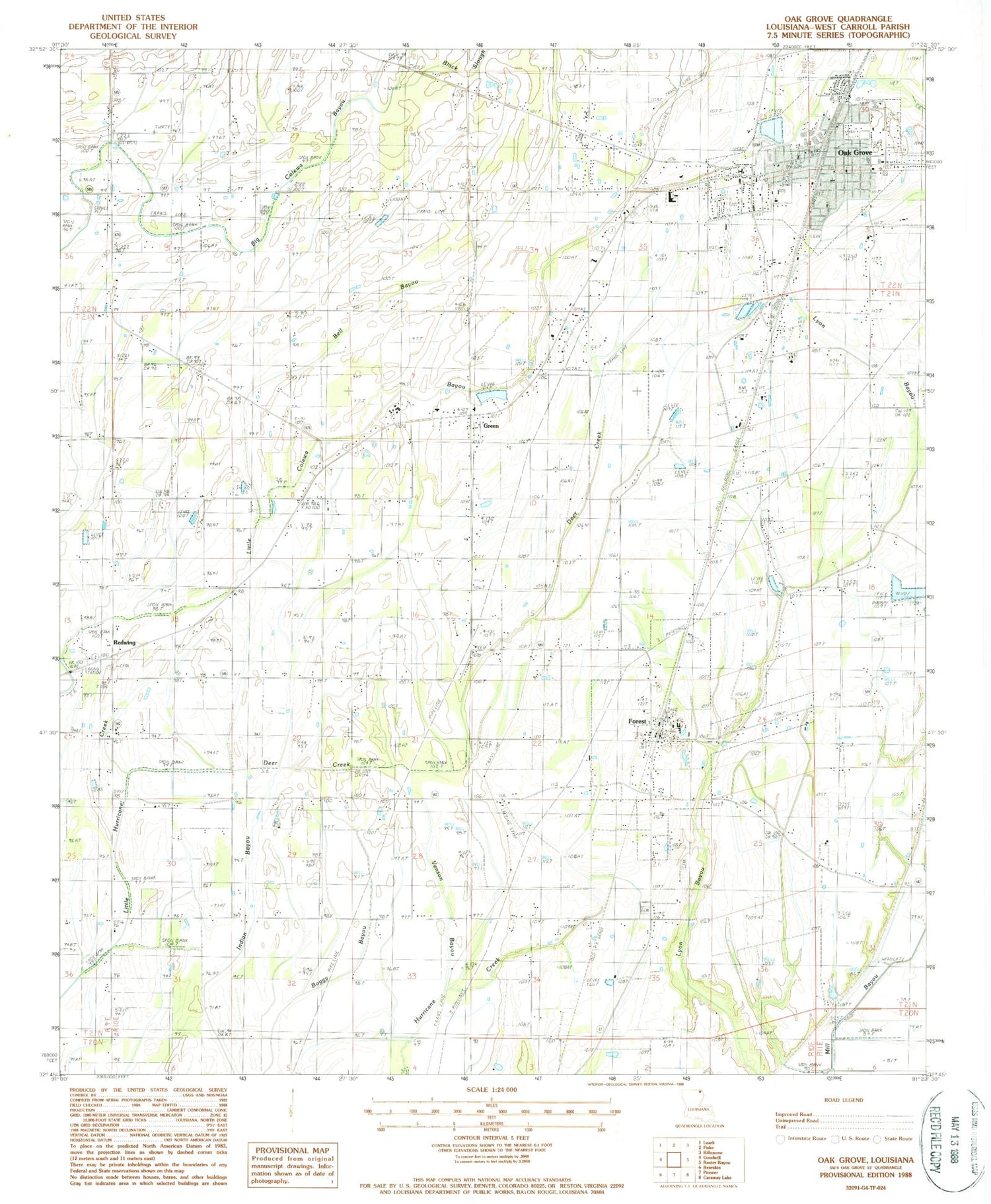 Classic USGS Oak Grove Louisiana 7.5'x7.5' Topo Map Image