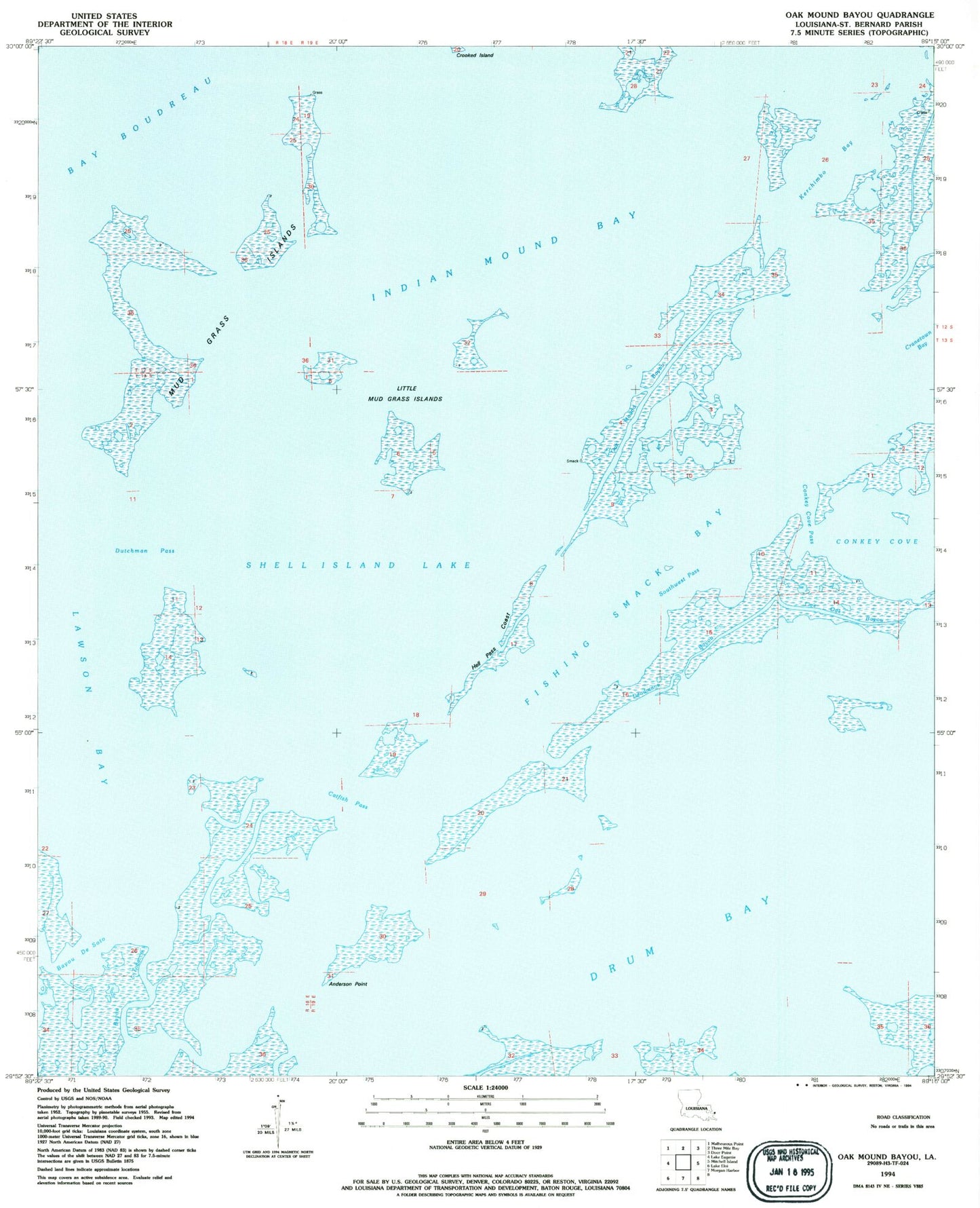 Classic USGS Oak Mound Bayou Louisiana 7.5'x7.5' Topo Map Image