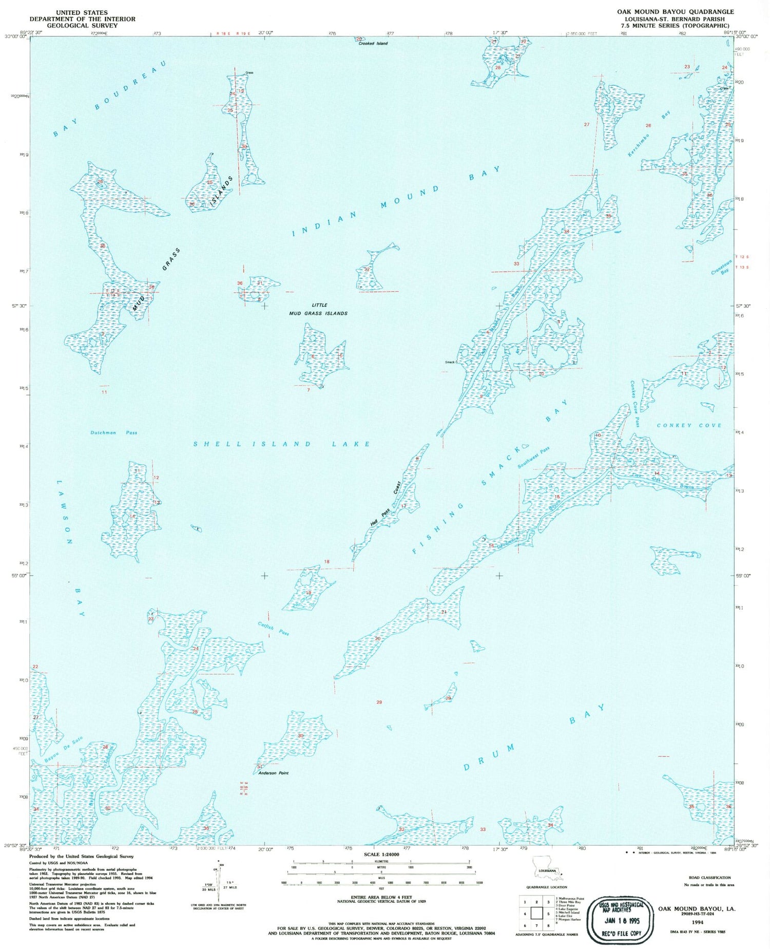 Classic USGS Oak Mound Bayou Louisiana 7.5'x7.5' Topo Map Image