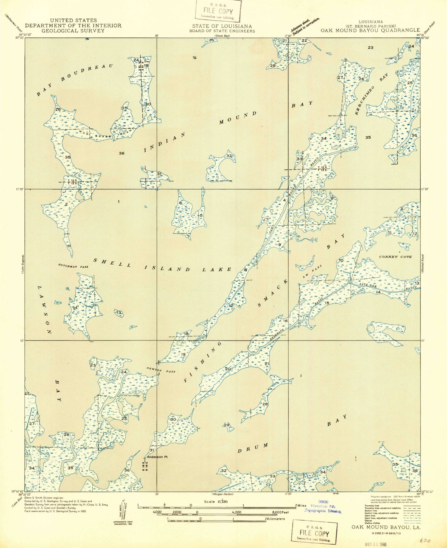 Classic USGS Oak Mound Bayou Louisiana 7.5'x7.5' Topo Map Image