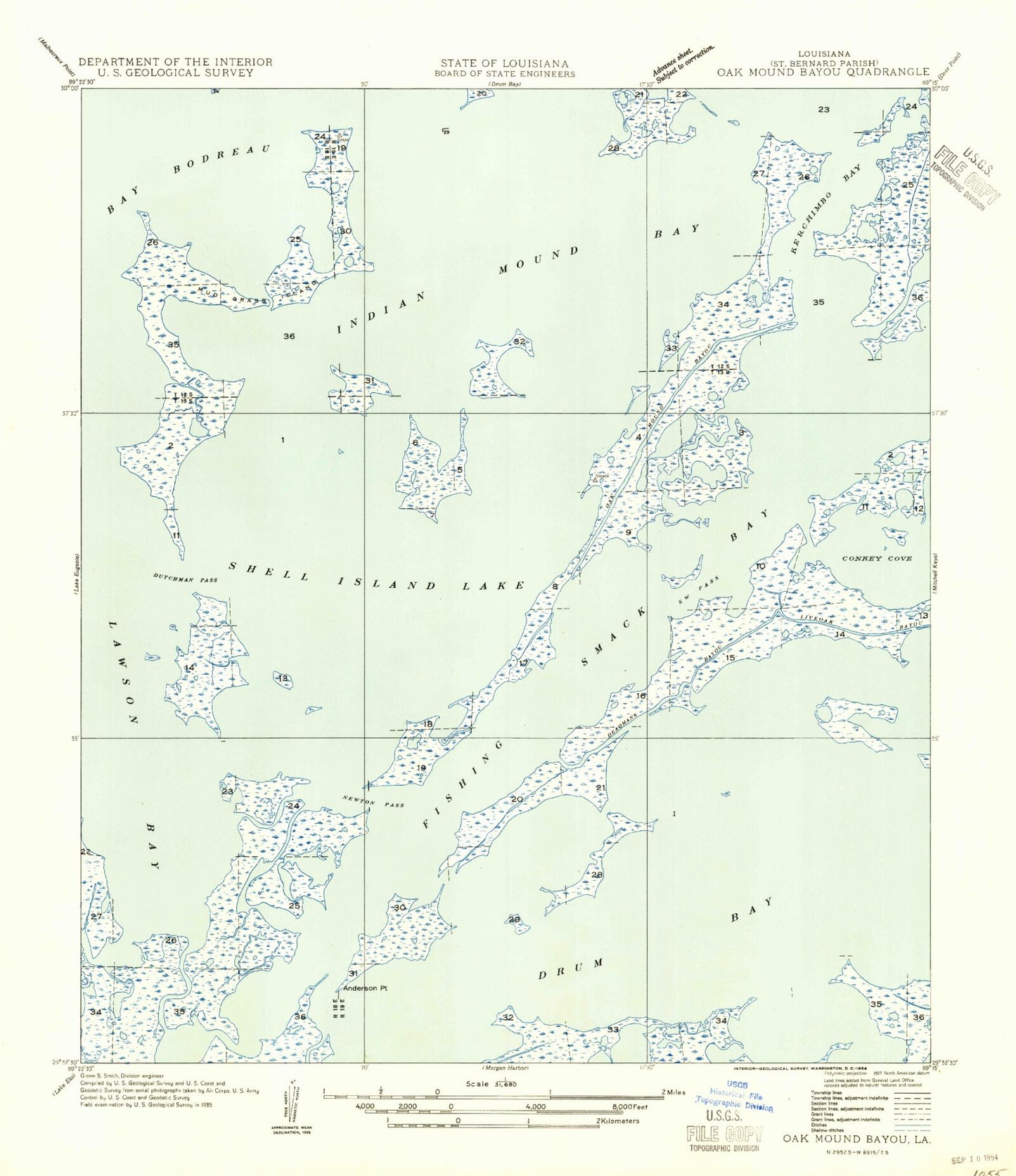 Classic USGS Oak Mound Bayou Louisiana 7.5'x7.5' Topo Map Image