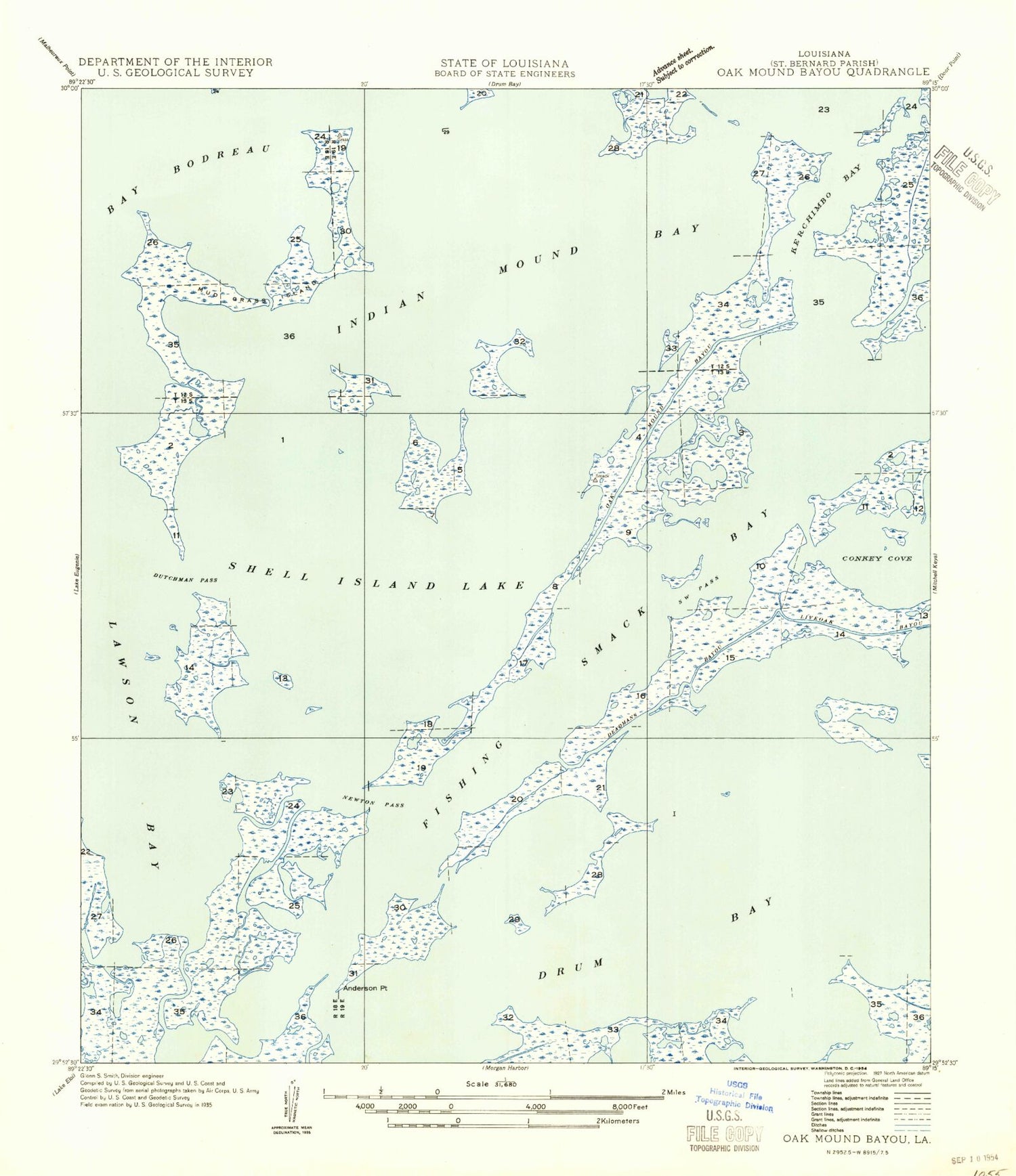 Classic USGS Oak Mound Bayou Louisiana 7.5'x7.5' Topo Map Image