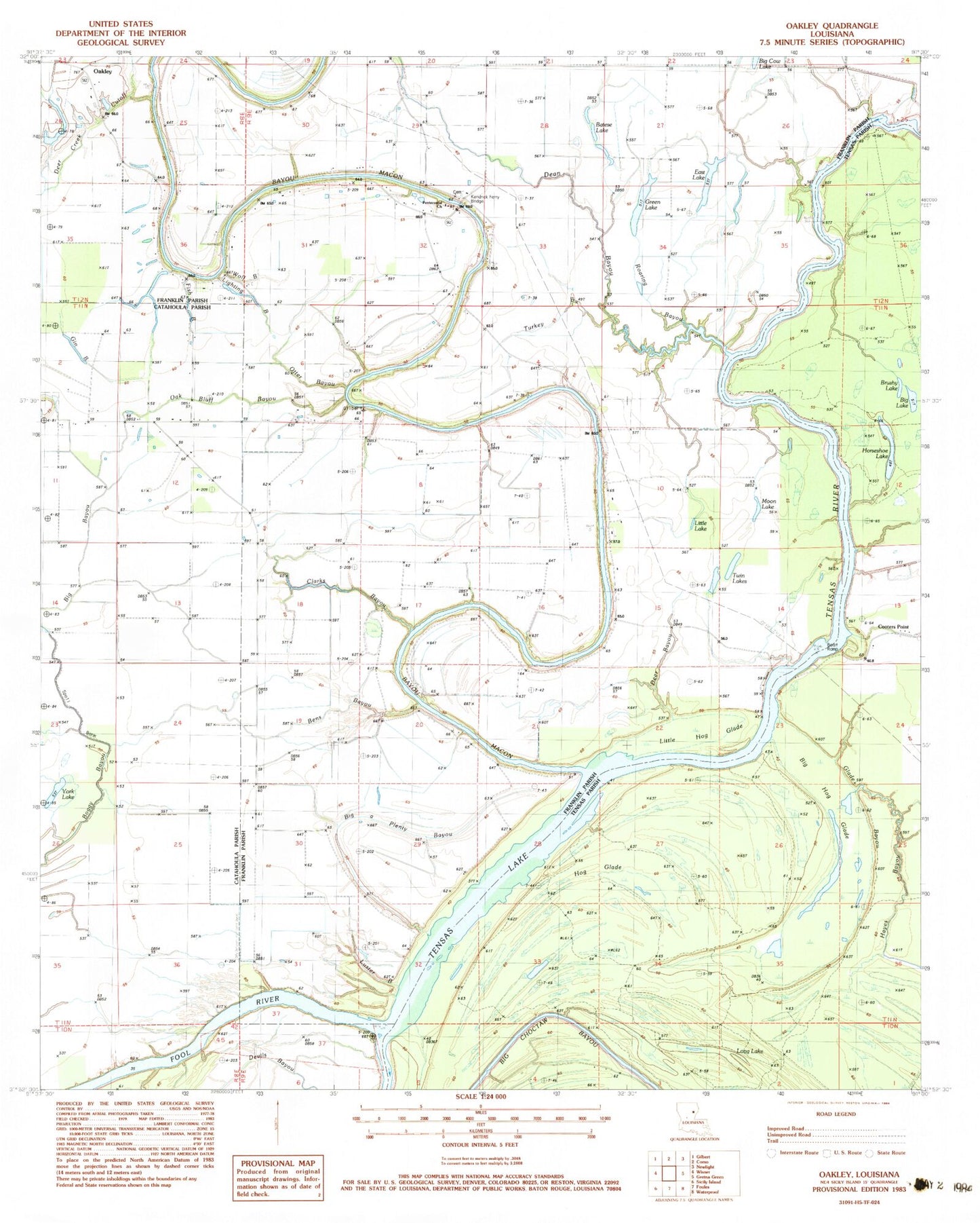 Classic USGS Oakley Louisiana 7.5'x7.5' Topo Map Image