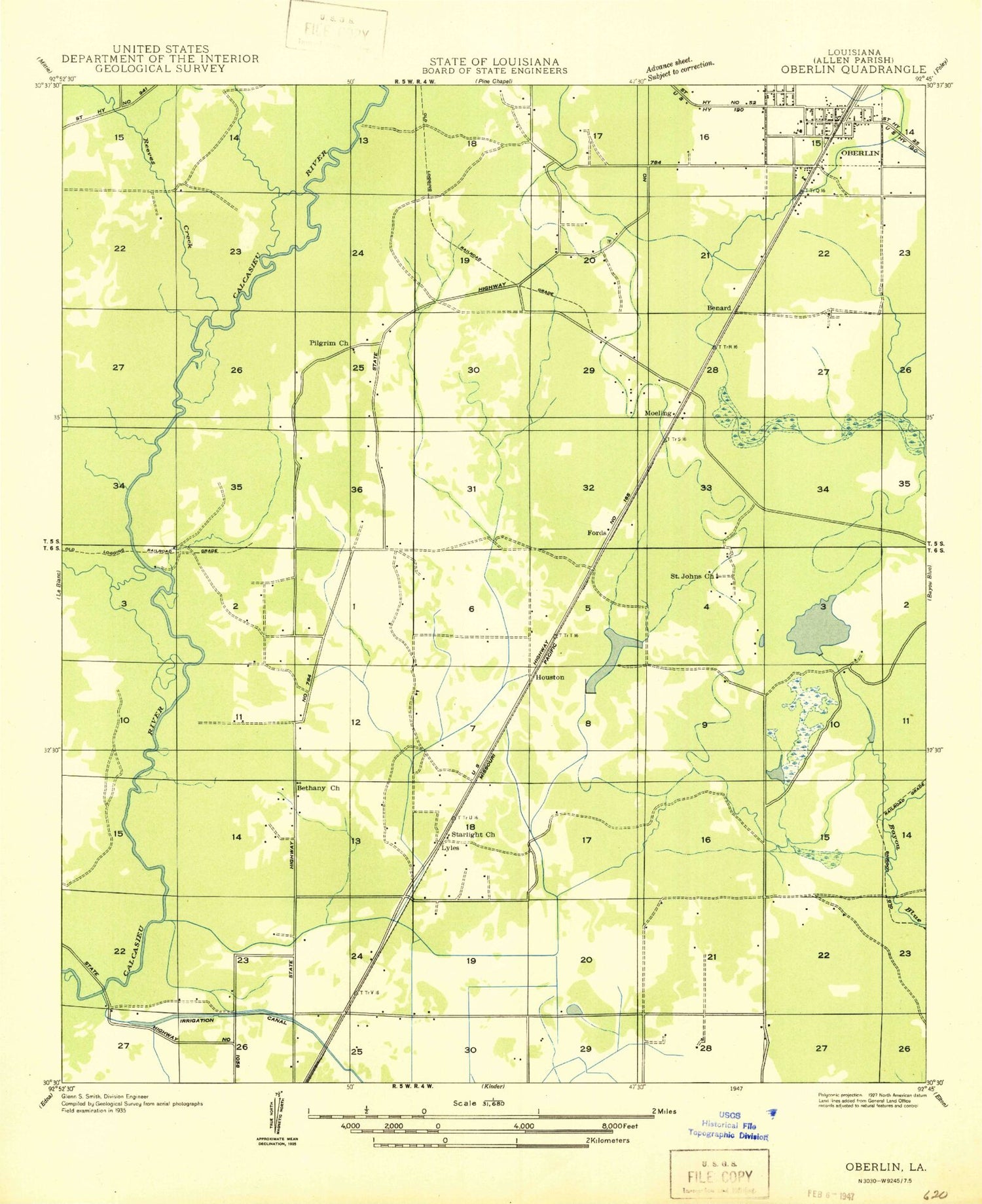 Classic USGS Oberlin Louisiana 7.5'x7.5' Topo Map Image