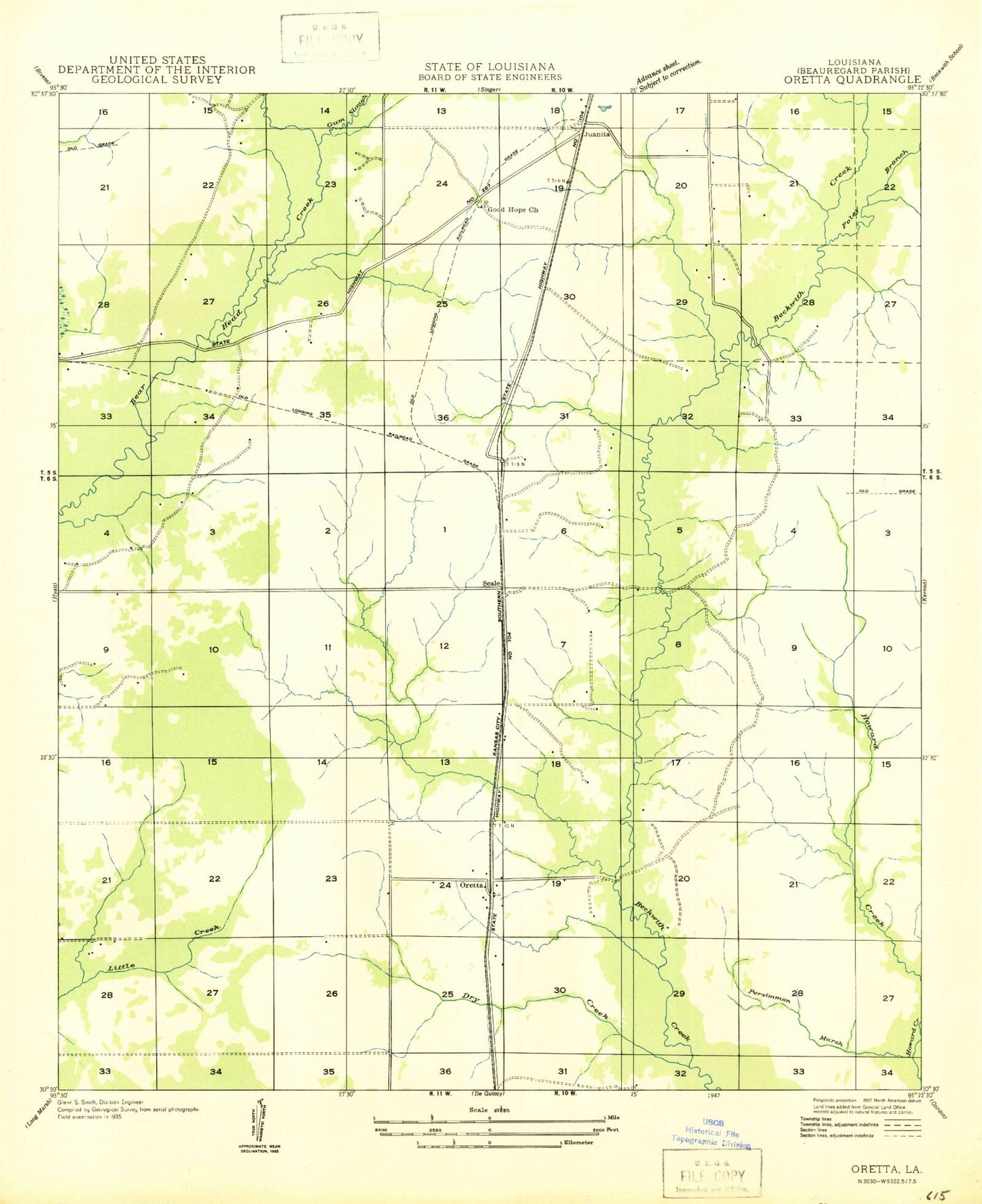 Classic USGS Oretta Louisiana 7.5'x7.5' Topo Map Image