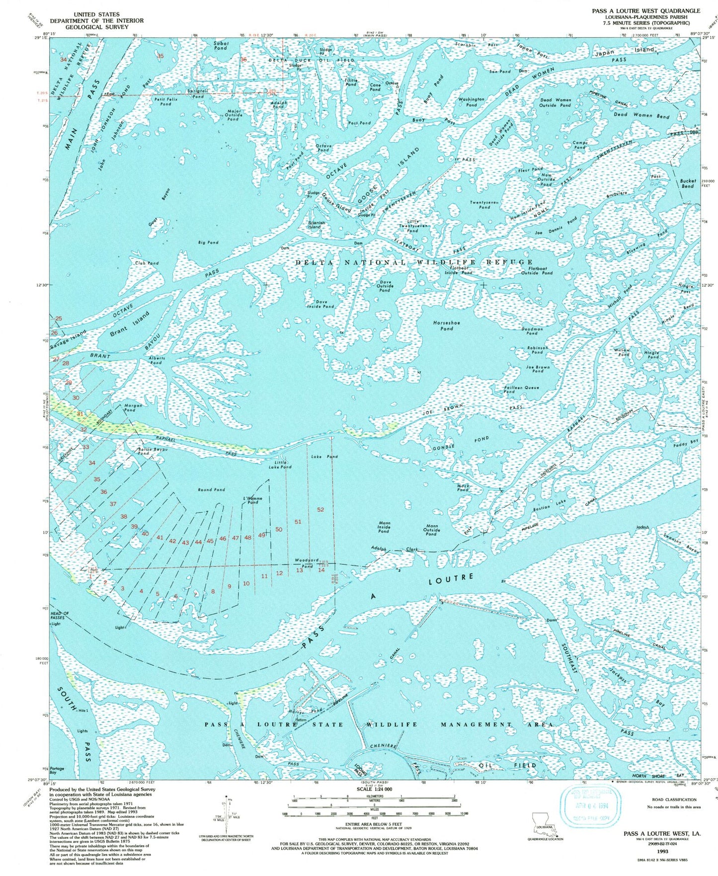 Classic USGS Pass a Loutre West Louisiana 7.5'x7.5' Topo Map Image