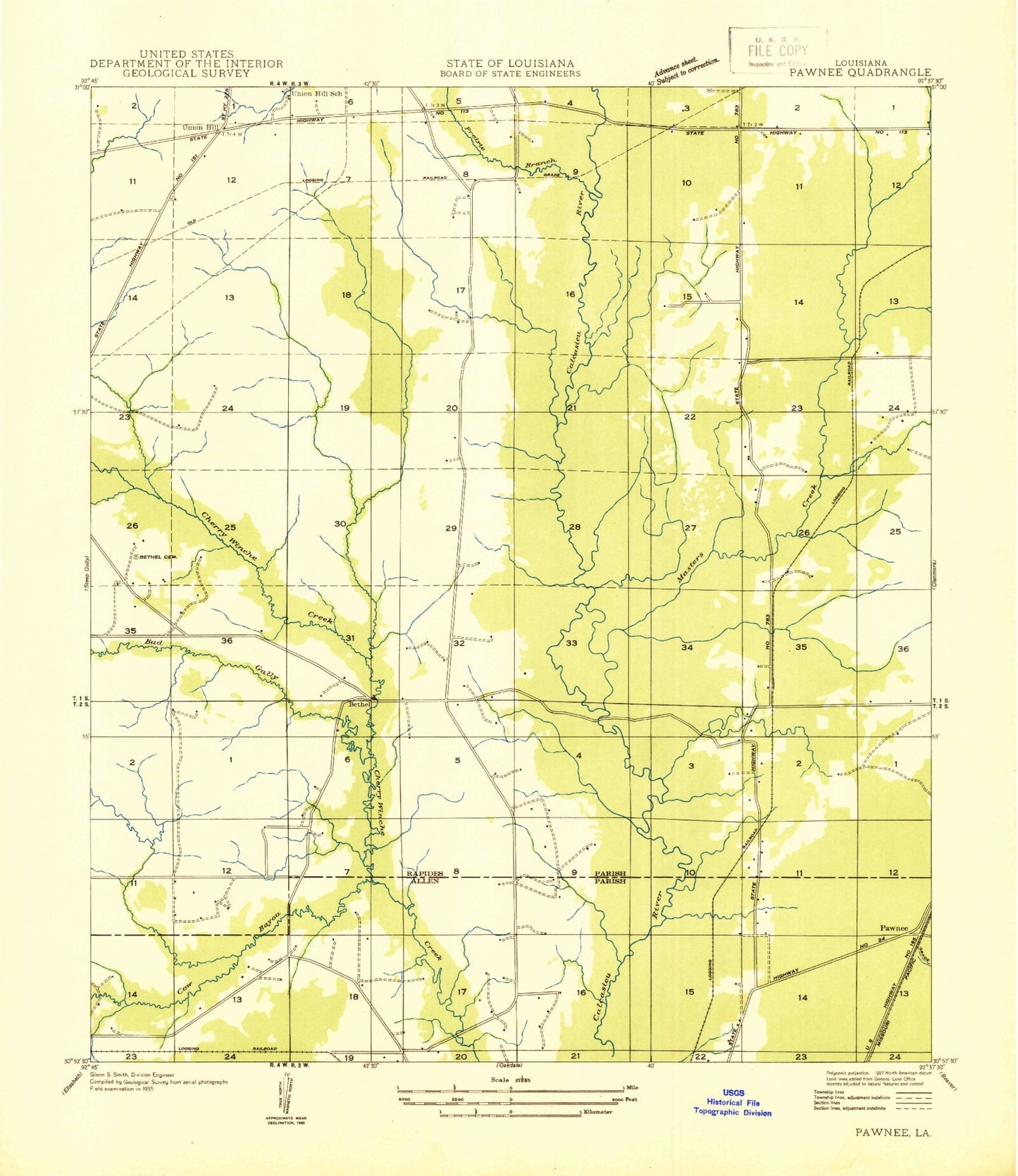 Classic USGS Pawnee Louisiana 7.5'x7.5' Topo Map Image