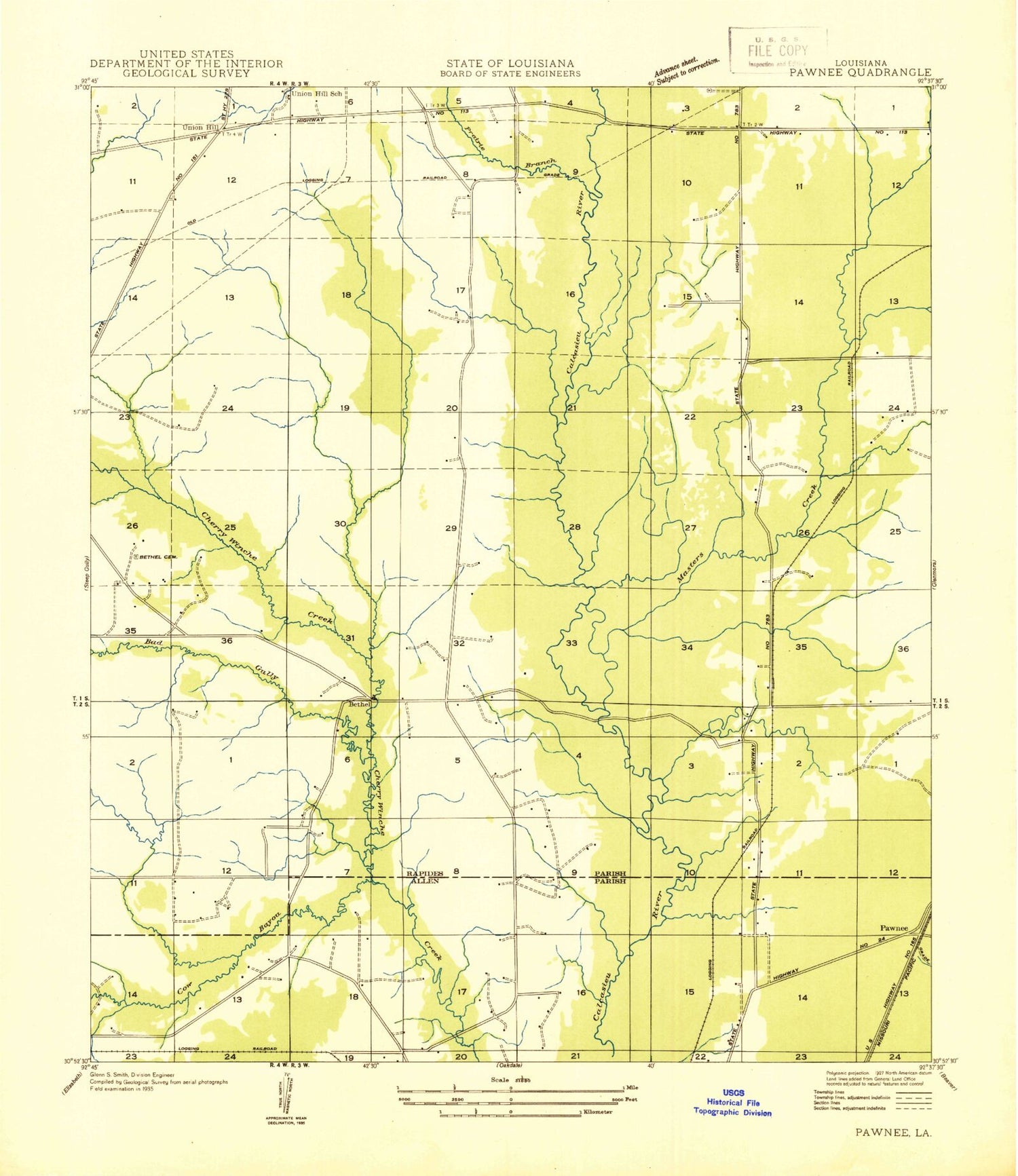 Classic USGS Pawnee Louisiana 7.5'x7.5' Topo Map Image