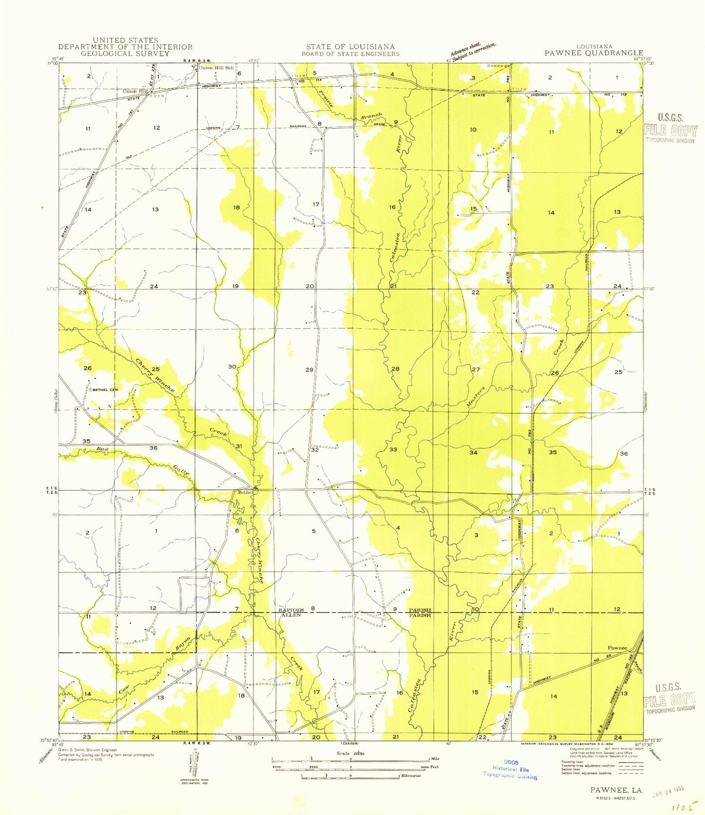 Classic USGS Pawnee Louisiana 7.5'x7.5' Topo Map Image