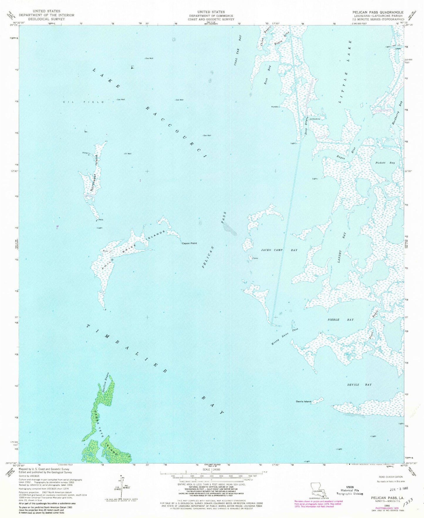 Classic USGS Pelican Pass Louisiana 7.5'x7.5' Topo Map Image