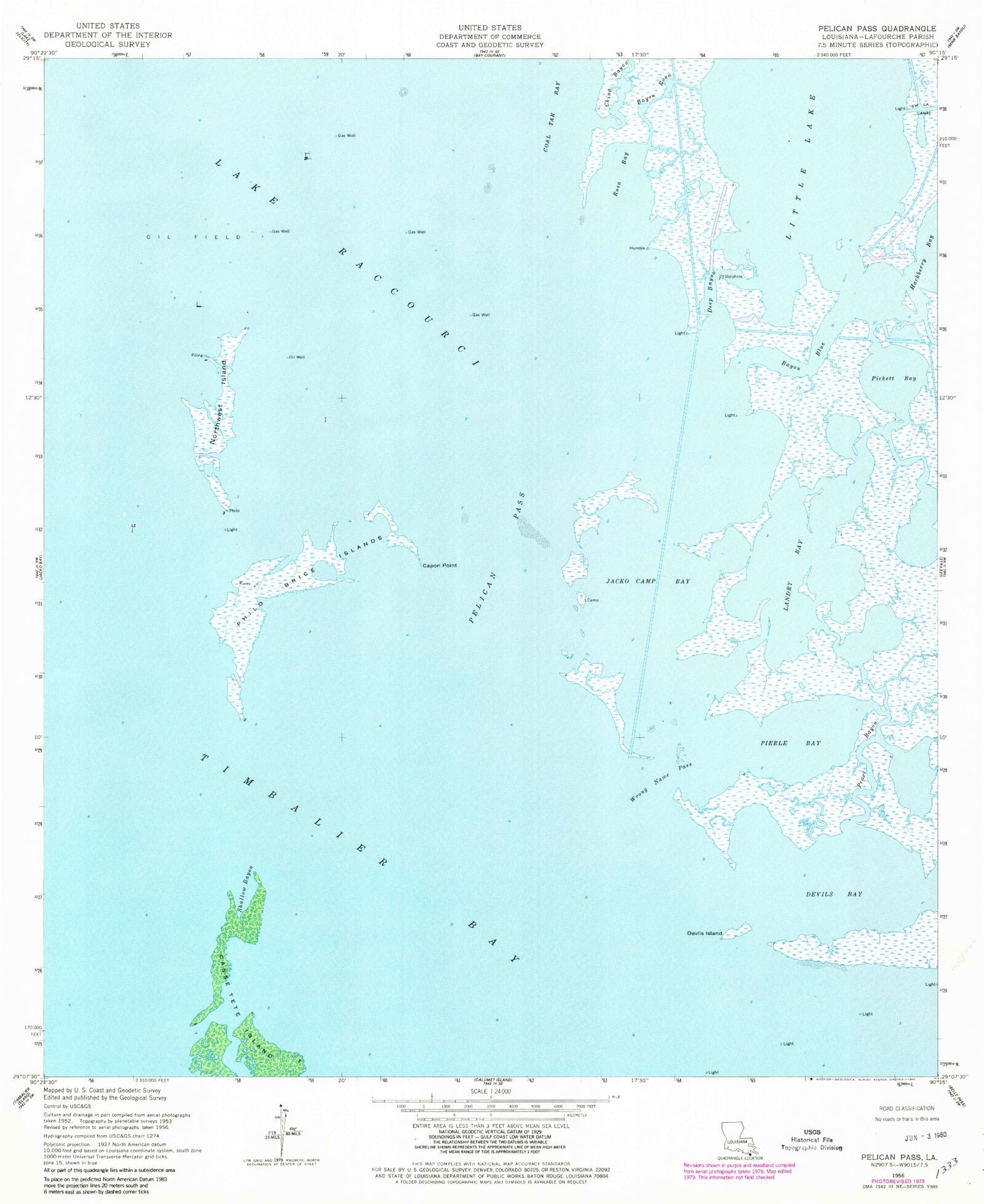 Classic USGS Pelican Pass Louisiana 7.5'x7.5' Topo Map Image