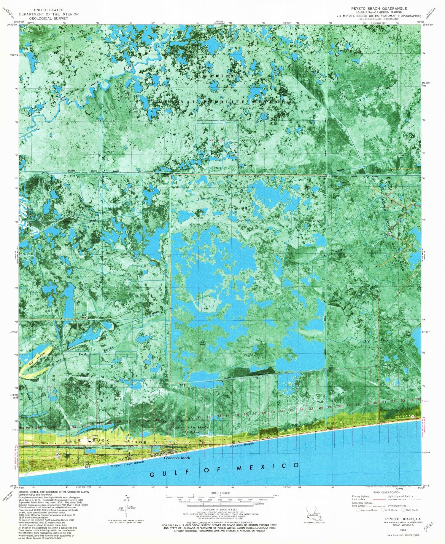 Classic USGS Peveto Beach Louisiana 7.5'x7.5' Topo Map Image