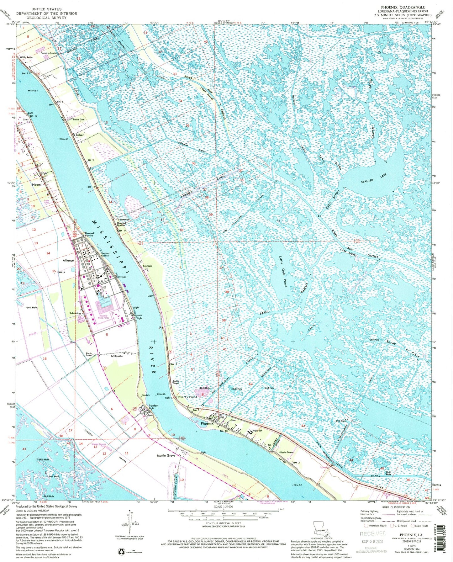 Classic USGS Phoenix Louisiana 7.5'x7.5' Topo Map Image